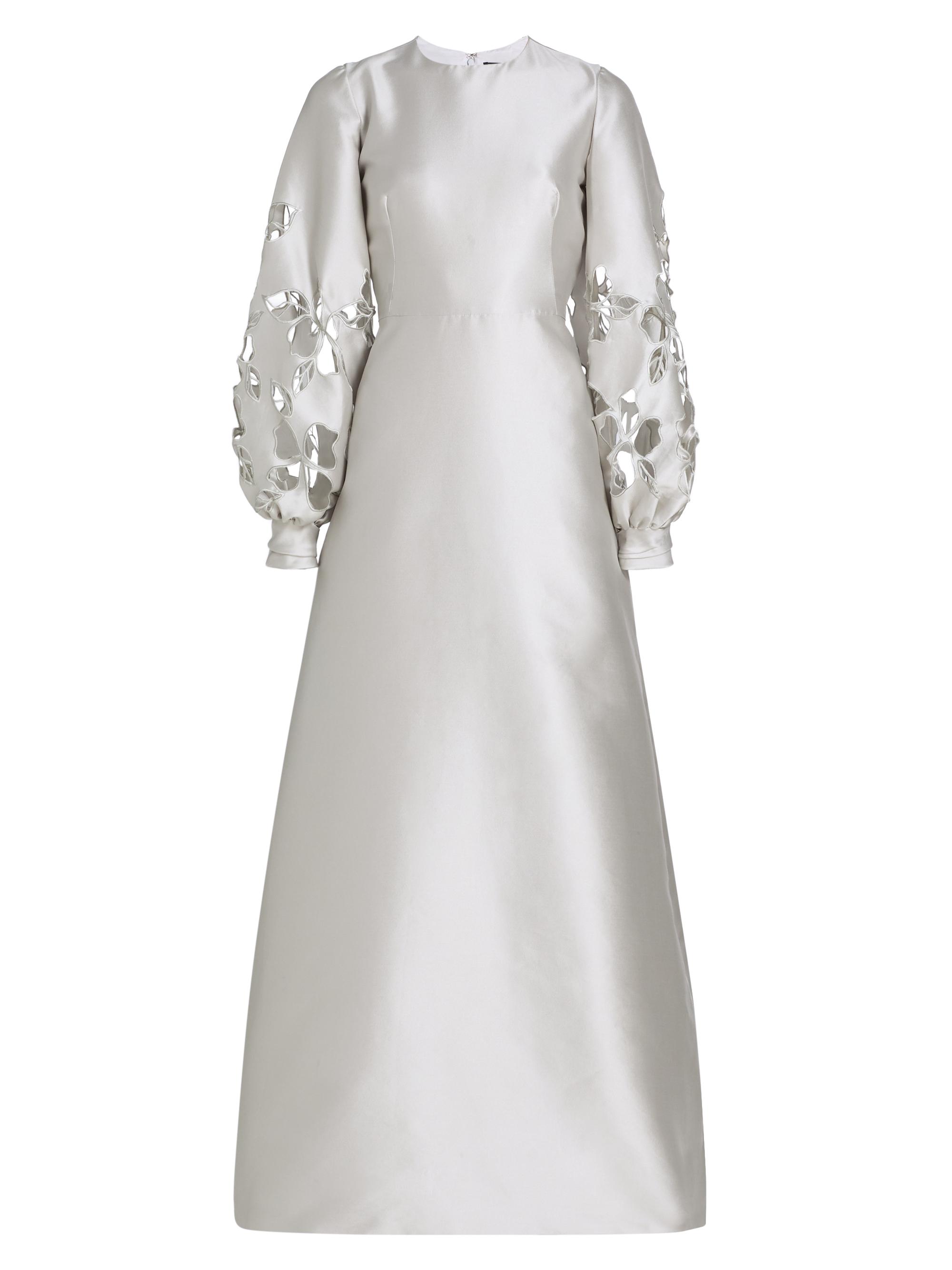 Reem Acra Women's Satin Floral Cut-Out Bishop Sleeves Gown - Silver