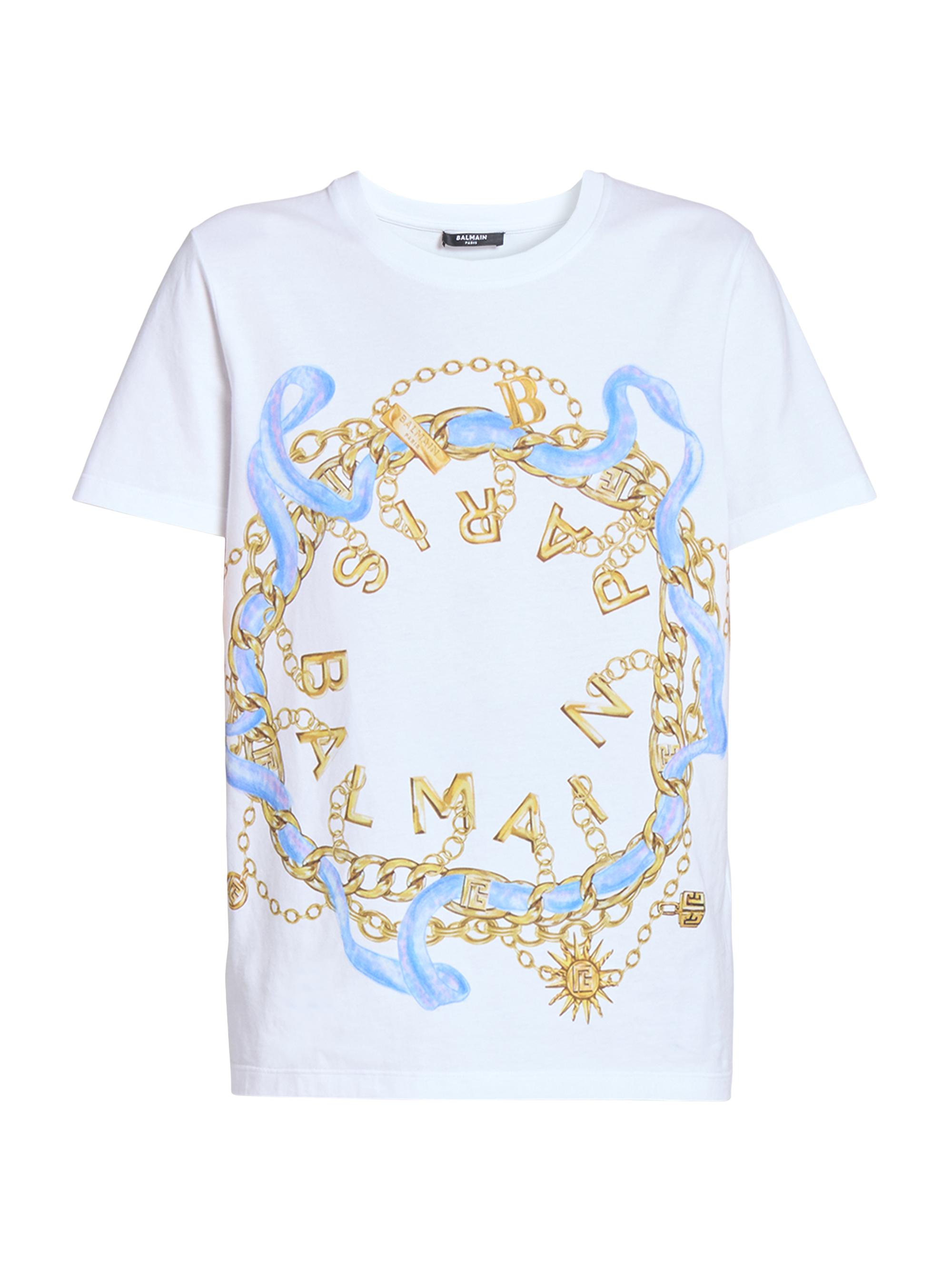 Balmain Women's Paris Chains Printed Cotton T-Shirt - Blanc Bleu Cielor