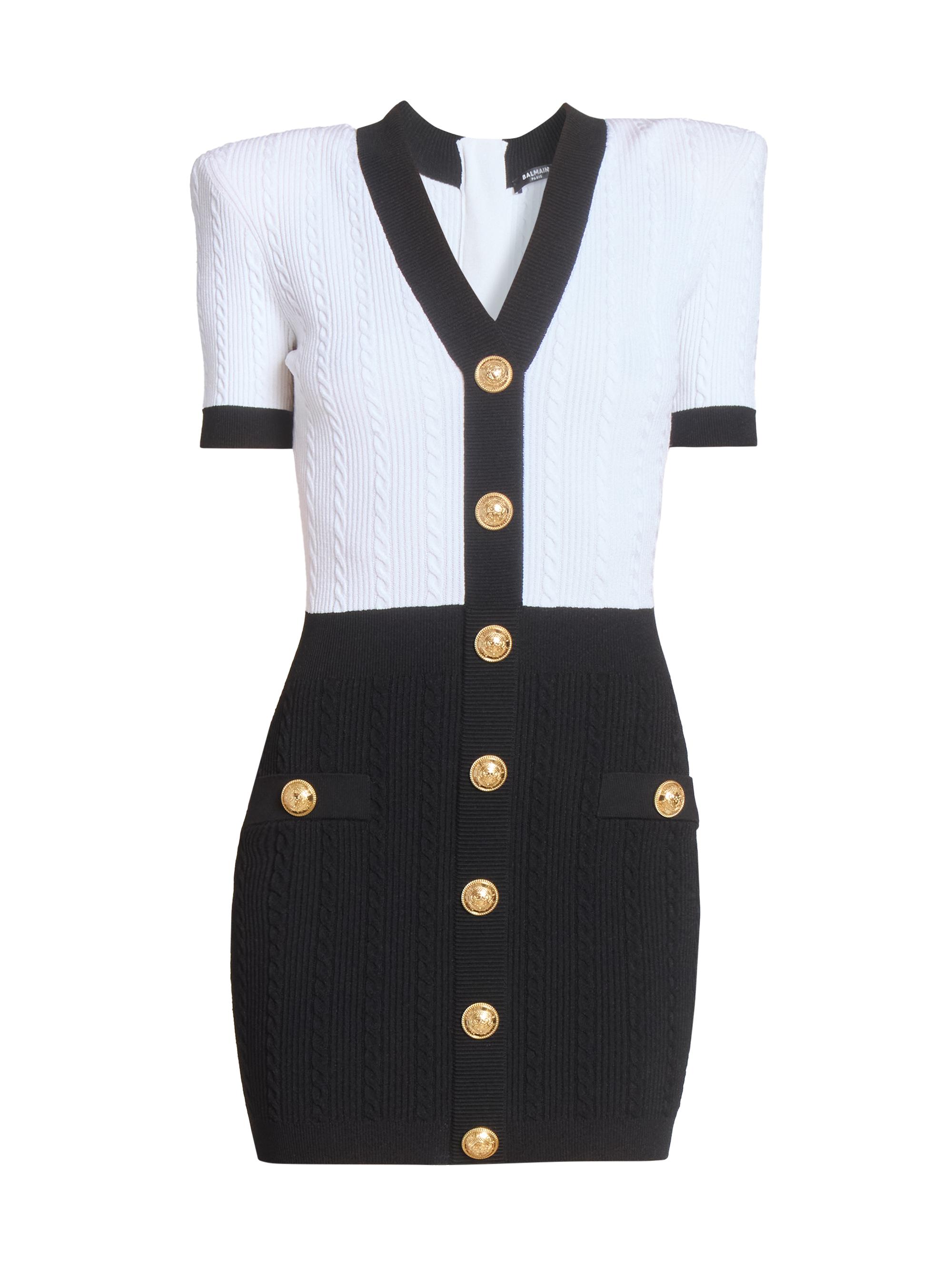Balmain Women's Two-Tone Torsade-Knit Short-Sleeve Minidress - Noir Blanc