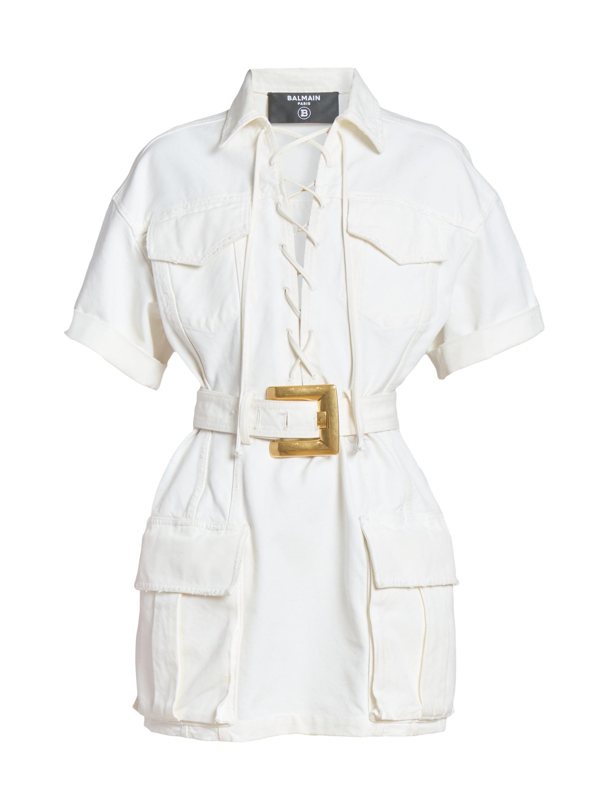 Balmain Women's Belted Denim Short-Sleeve Minidress - Blanc Casse