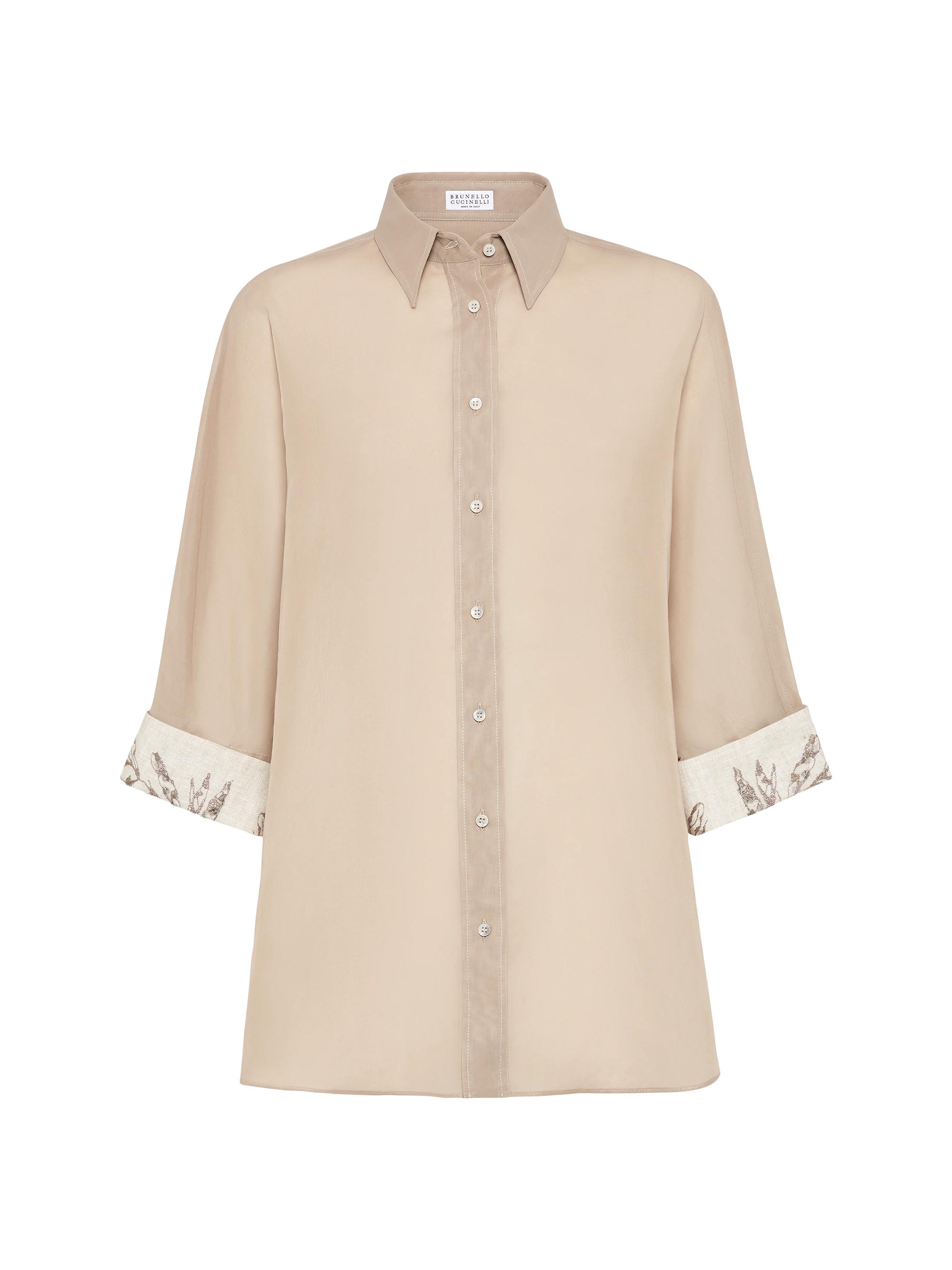 Brunello Cucinelli Women's Cotton Organza Shirt with Glistening Herbarium Embroidery - Beige