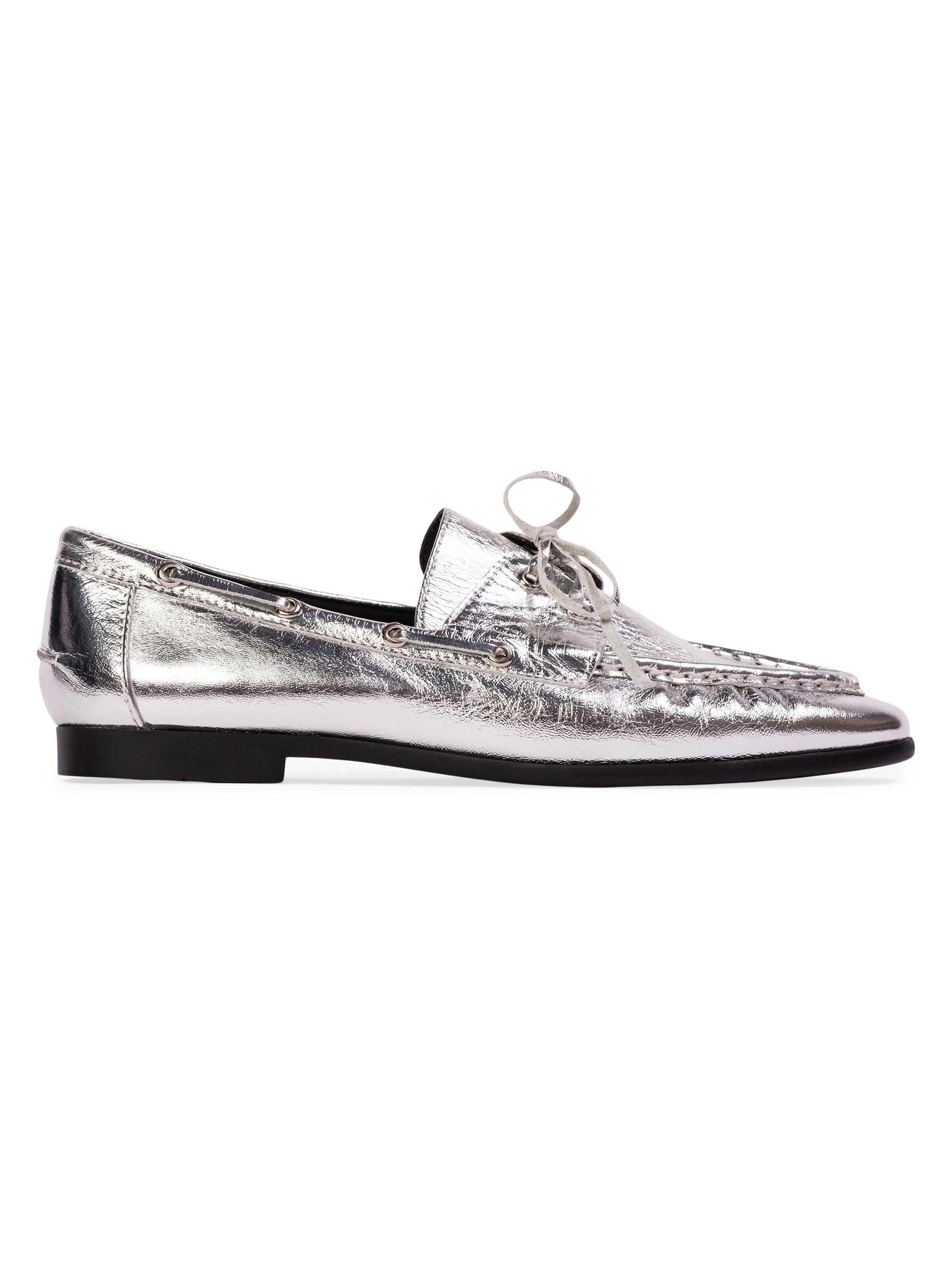 Black Suede Studio Women's Davy Metallic Boat Loafers - Silver Crinkled Leather