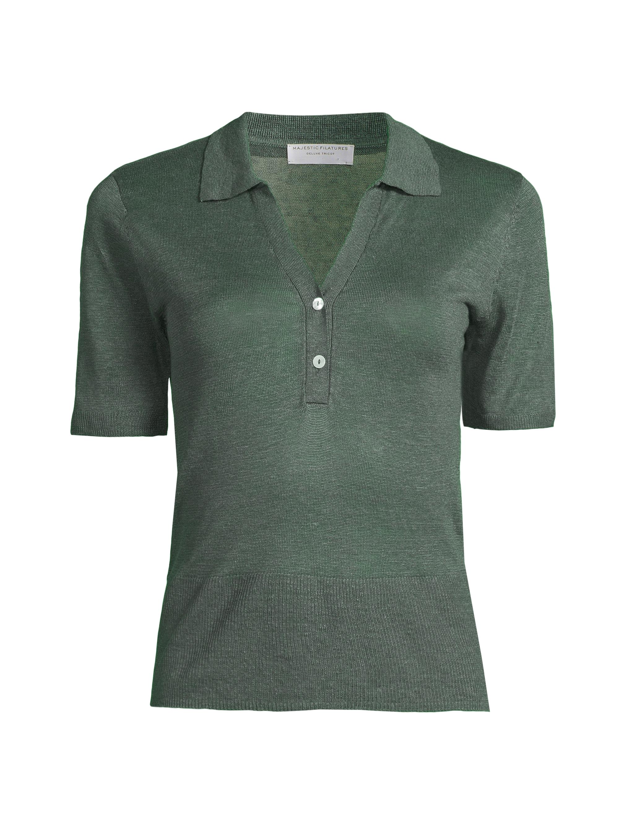 Majestic Filatures Women's Linen Knit V-Neck Polo Sweater - Agave