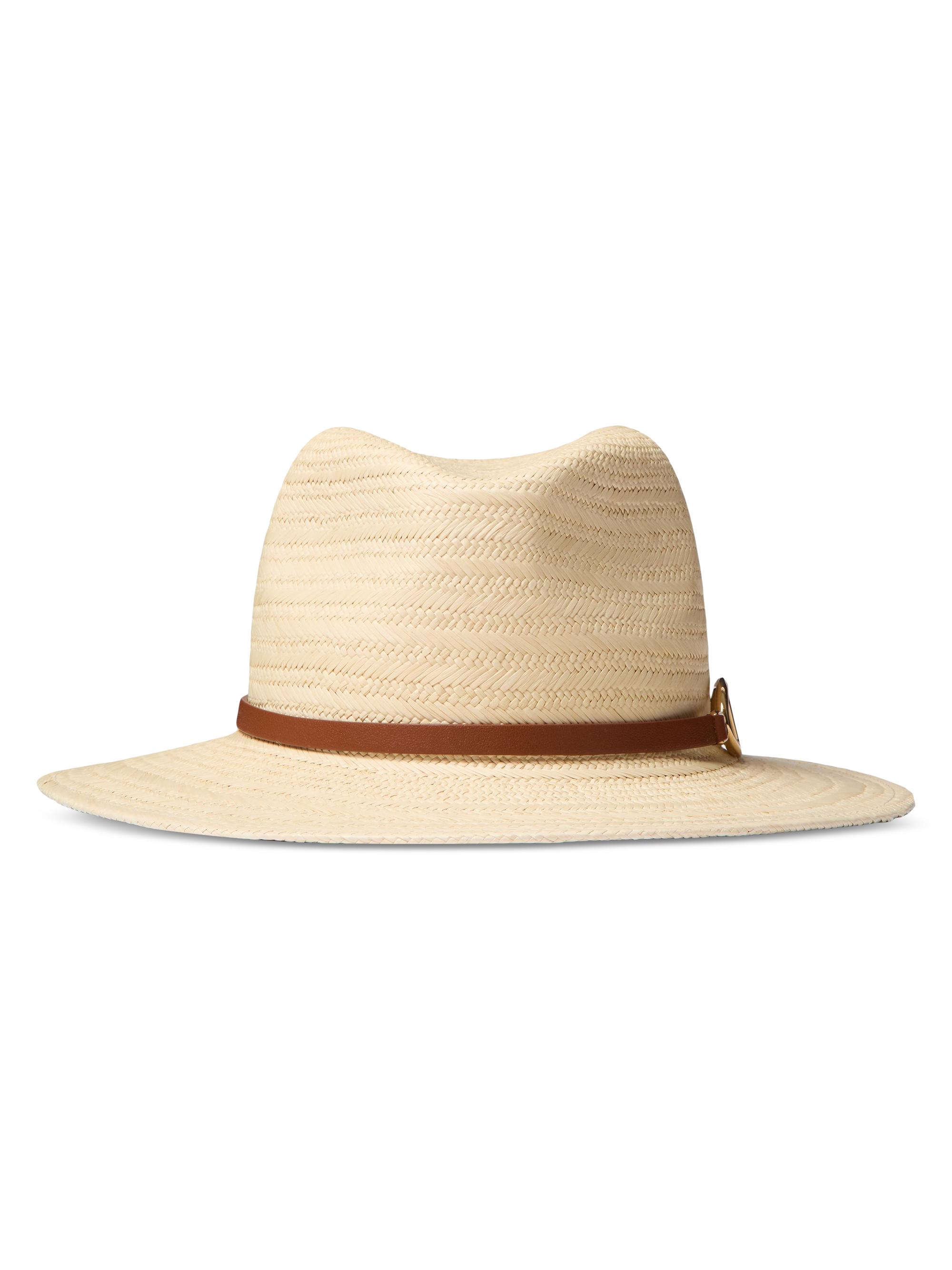 Valentino Garavani Women's The Bold Edition Vlogo Woven Panama Fedora Hat with Metal Detail - Natural Gold Saddle Brown