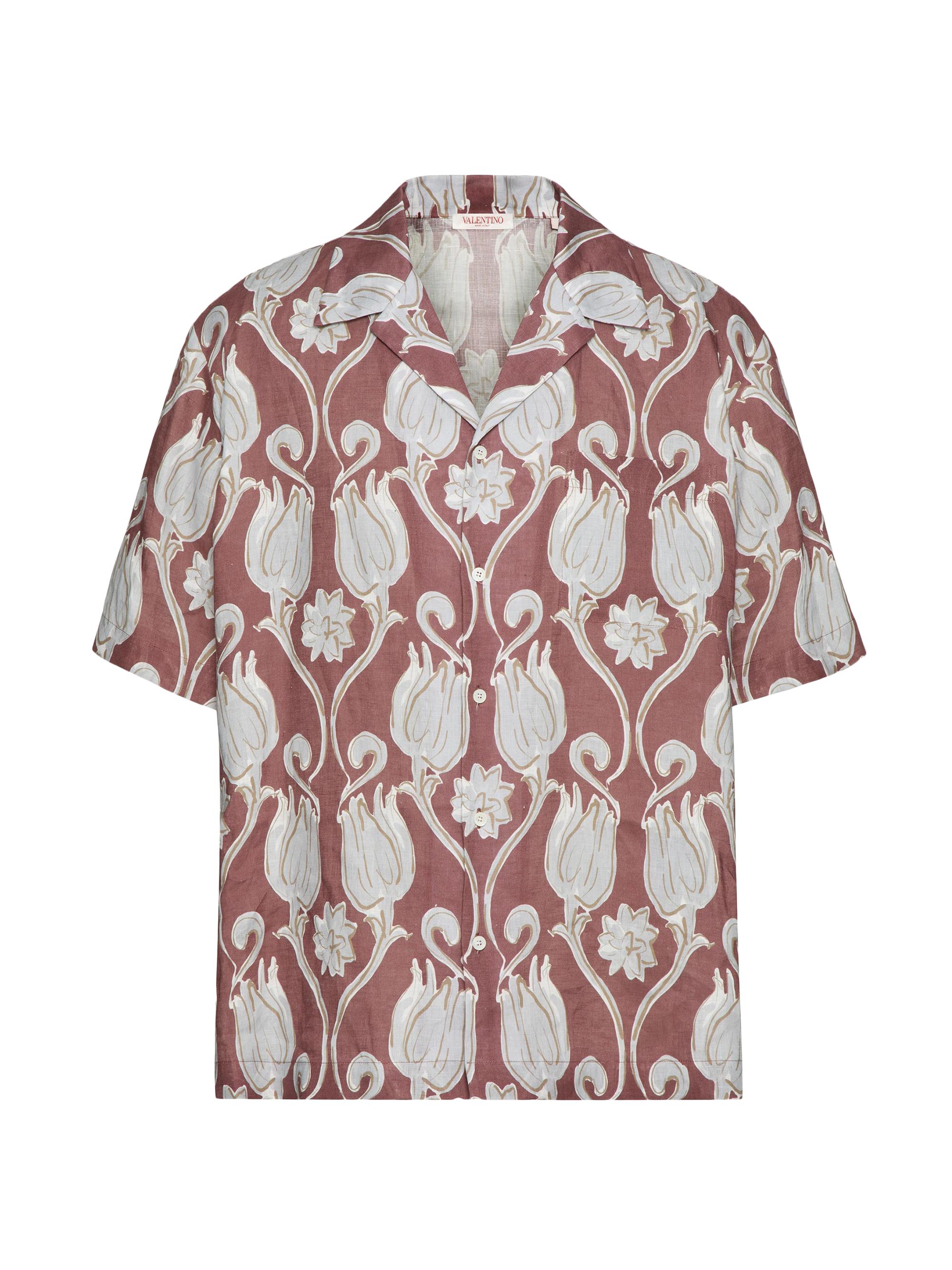 Valentino Garavani Men's Linen Bowling Shirt with Metamorphos Tulips Print - Jaipur Pearl Gray