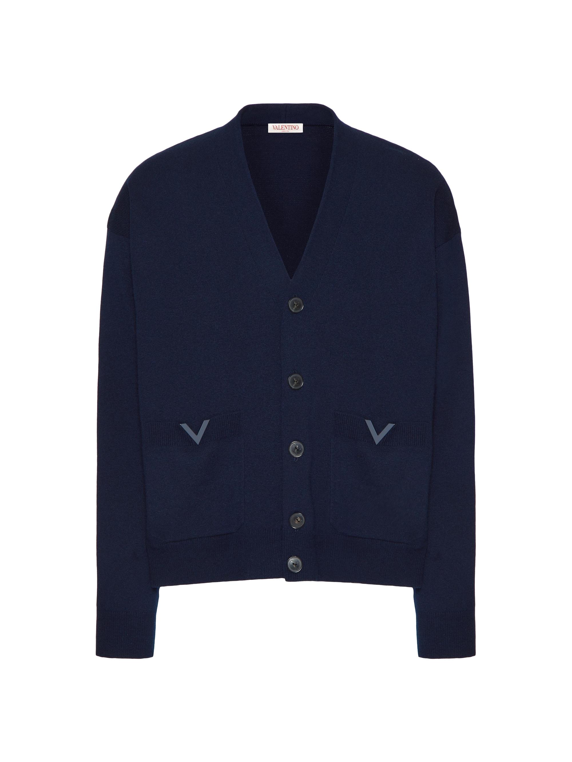 Valentino Garavani Men's Wool Cardigan with Rubberized V Detail - Navy