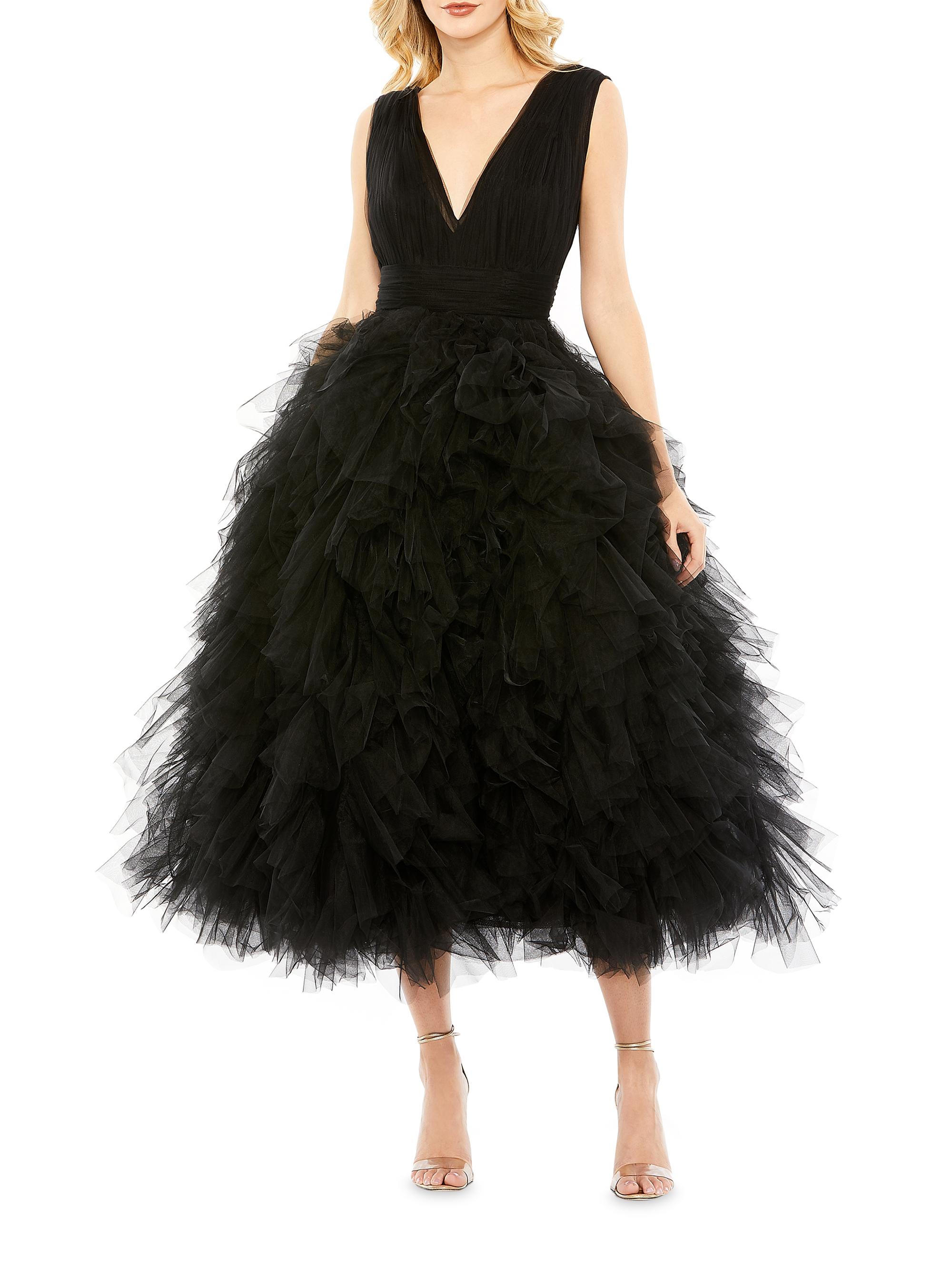 Mac Duggal Women's Cocktail Tulle Ruffled V-Neck Midi-Dress - Black