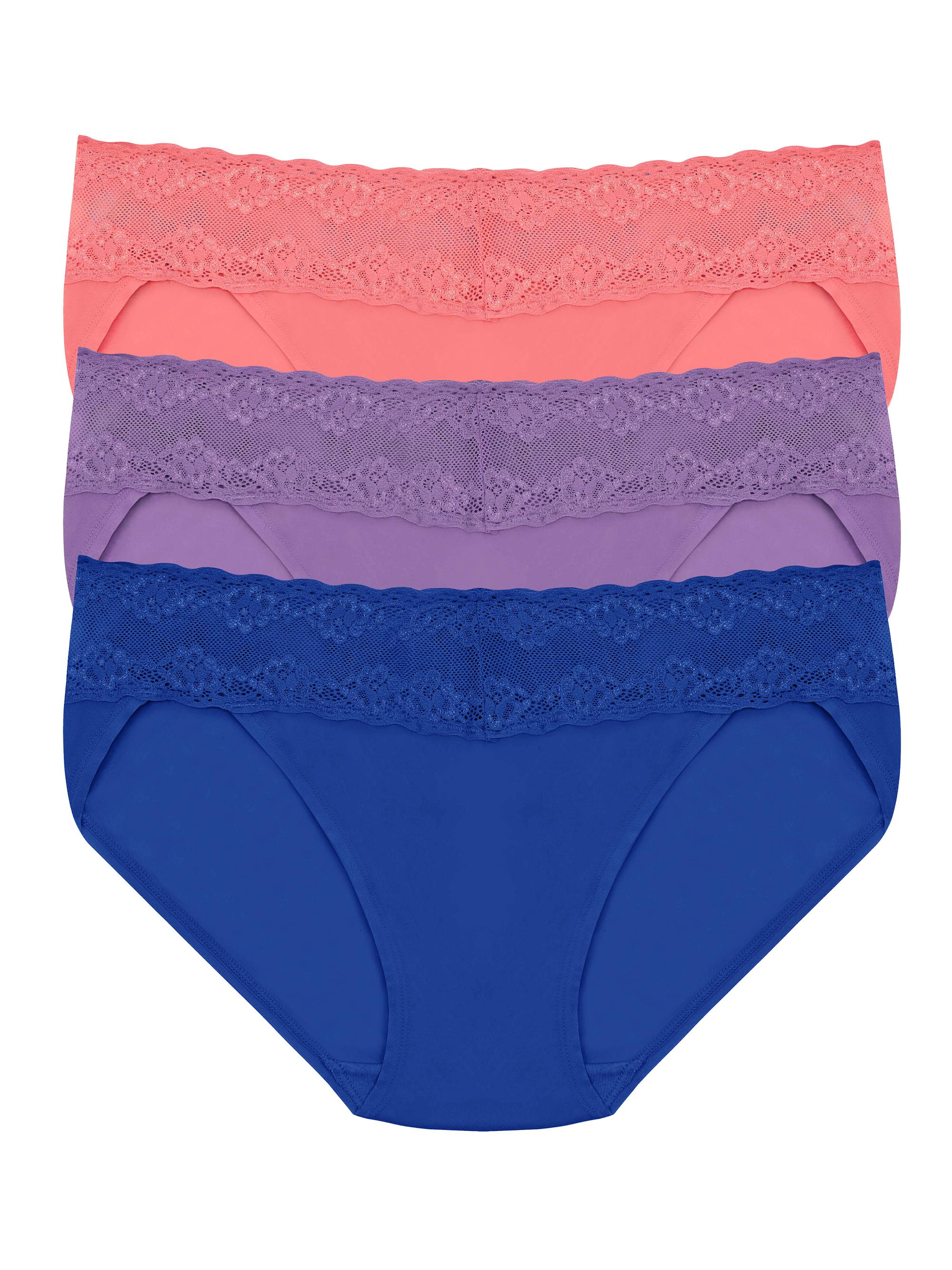 Natori Women's Bliss Perfection Lace Trim One Size Bikini Brief 3-Pack - Papaya Dahlia Purple Cobalt