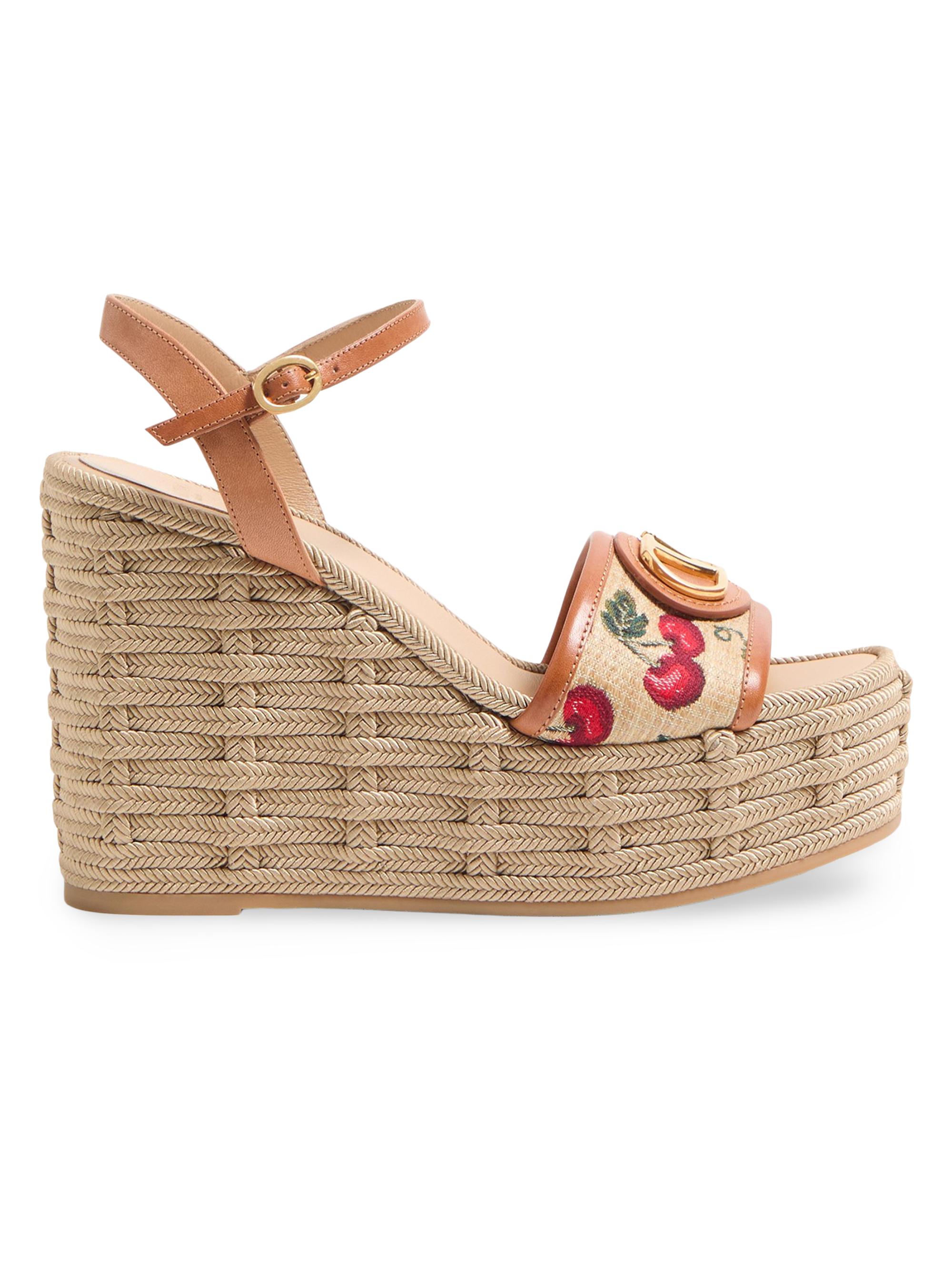 Valentino Garavani Women's VLogo Signature Cherryfic Pattern Wedge Sandals 0MM - Natural Red Multicolor