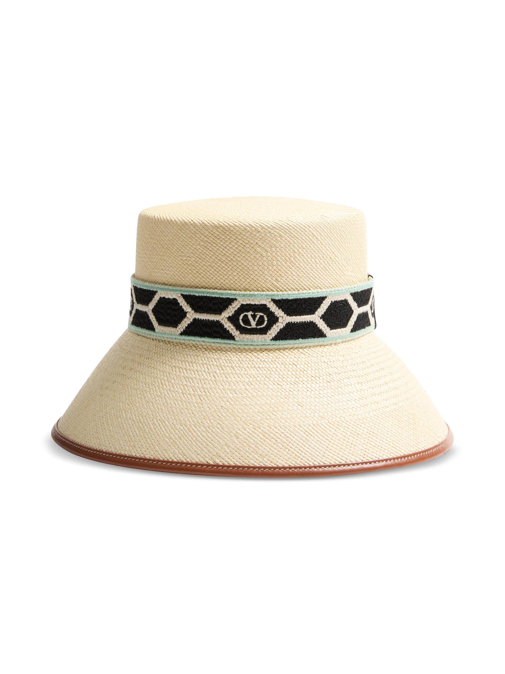 Valentino Garavani Women's Antibes Straw Bucket Hat with Leather Trim and Diamond - Natural Black