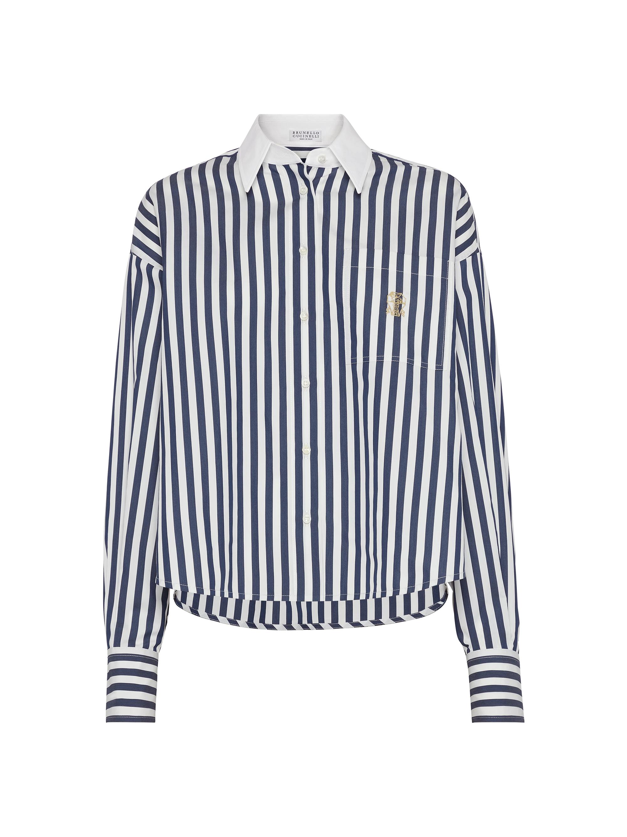 Brunello Cucinelli Women's Striped Cotton and Silk Poplin Shirt with Logo - Blue