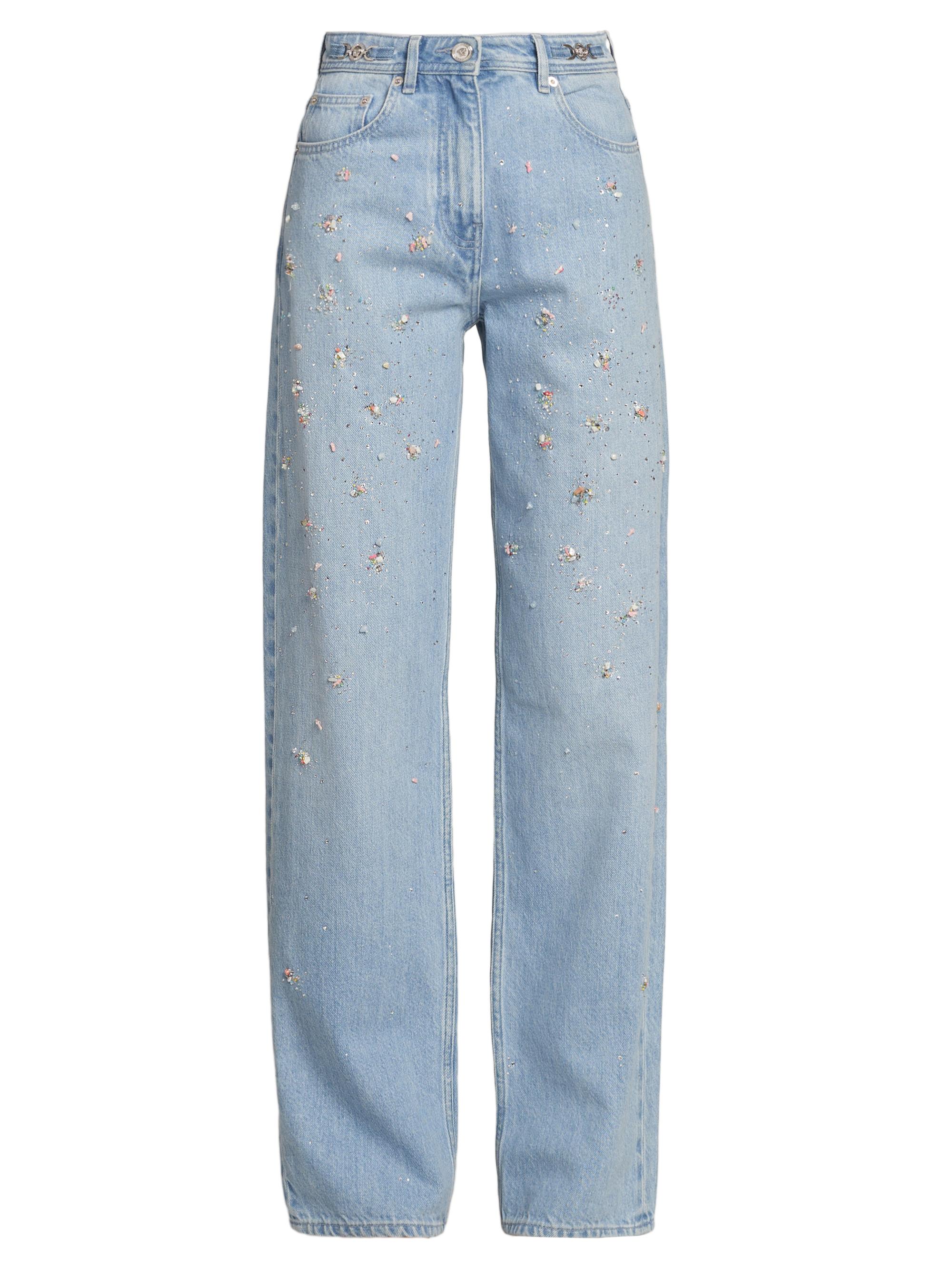 Versace Women's Embroidered Washed Cotton Jeans - Light Blue
