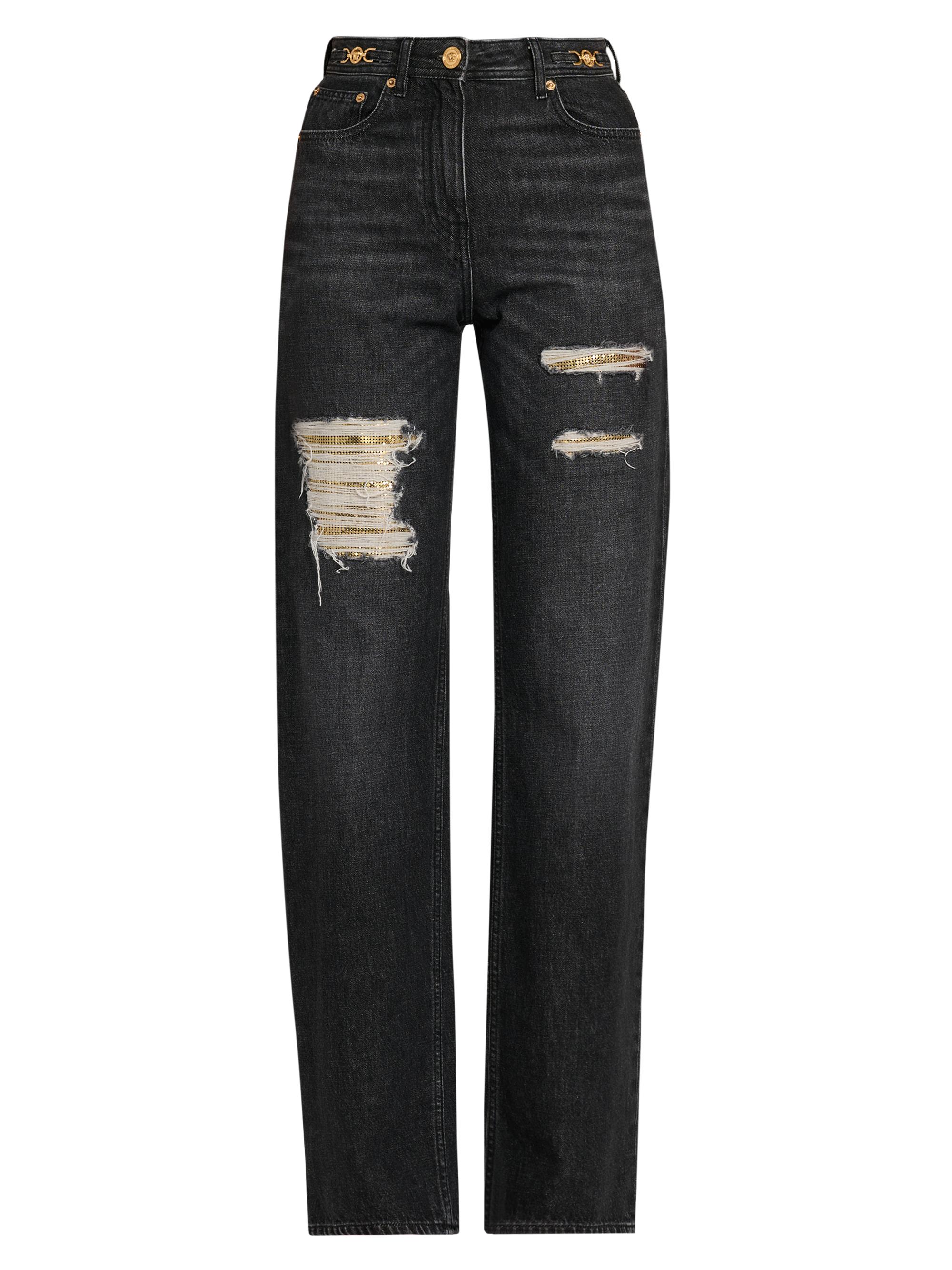 Versace Women's Distressed Mid-Rise Straight Jeans - Black
