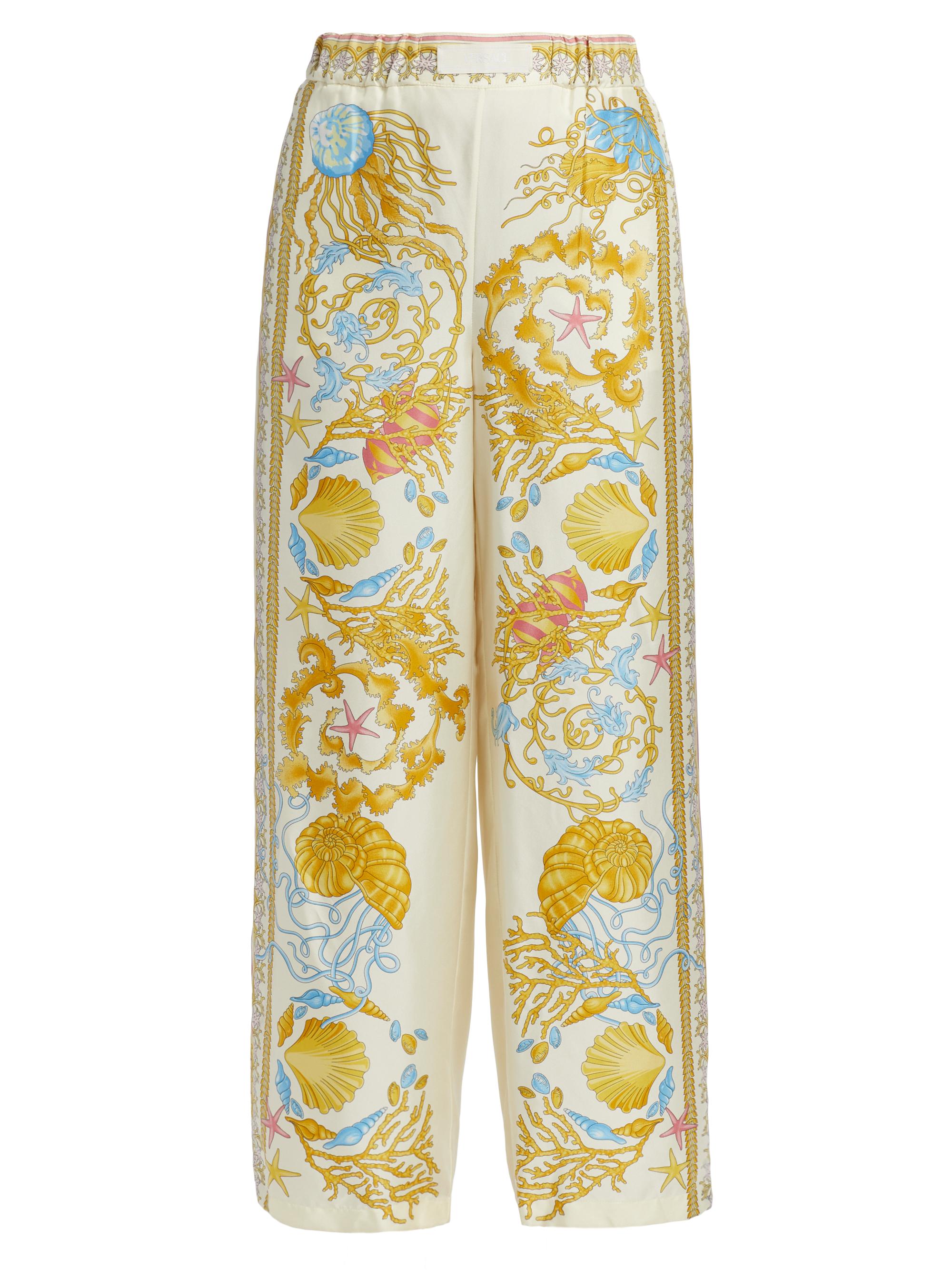 Versace Women's Underwater Barocco Silk Twill Pants - Eggshell Multicolor