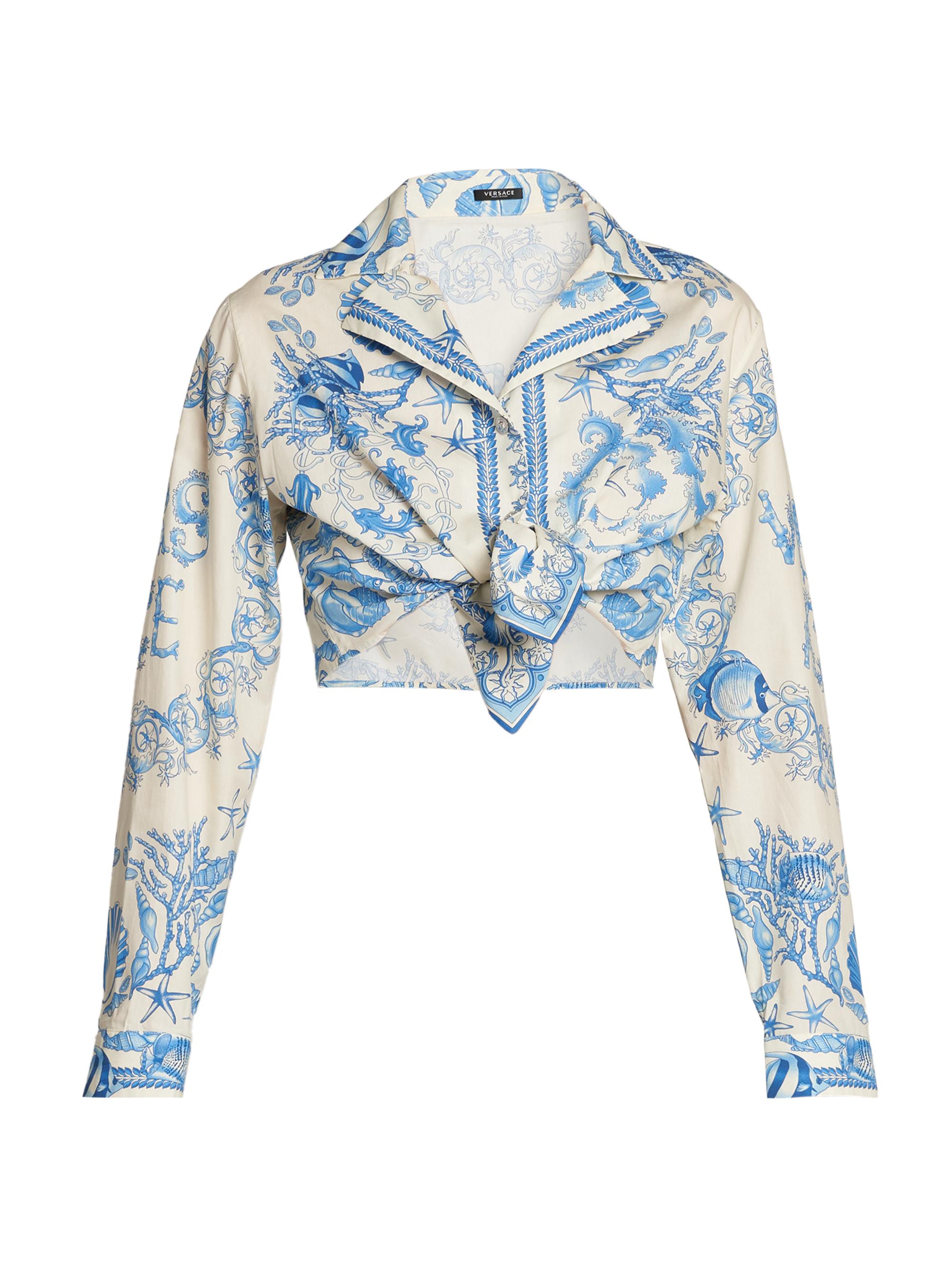 Versace Women's Baroque Cotton Poplin Crop Long-Sleeve Shirt - Egg Shell Bright Blue
