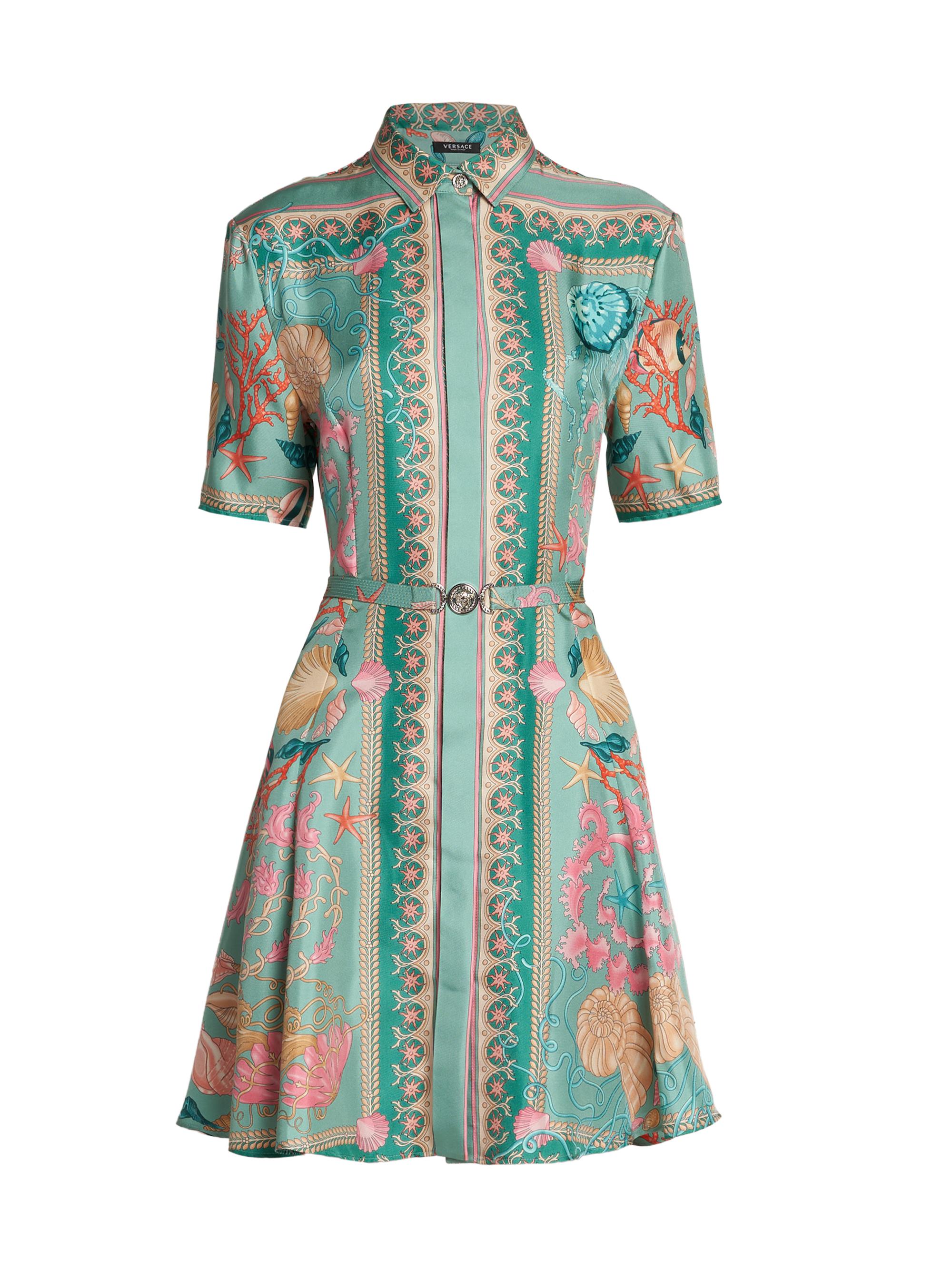 Versace Women's Underwater Barocco Foulard Silk Twill Shirtdress - Sea Green Multicolor