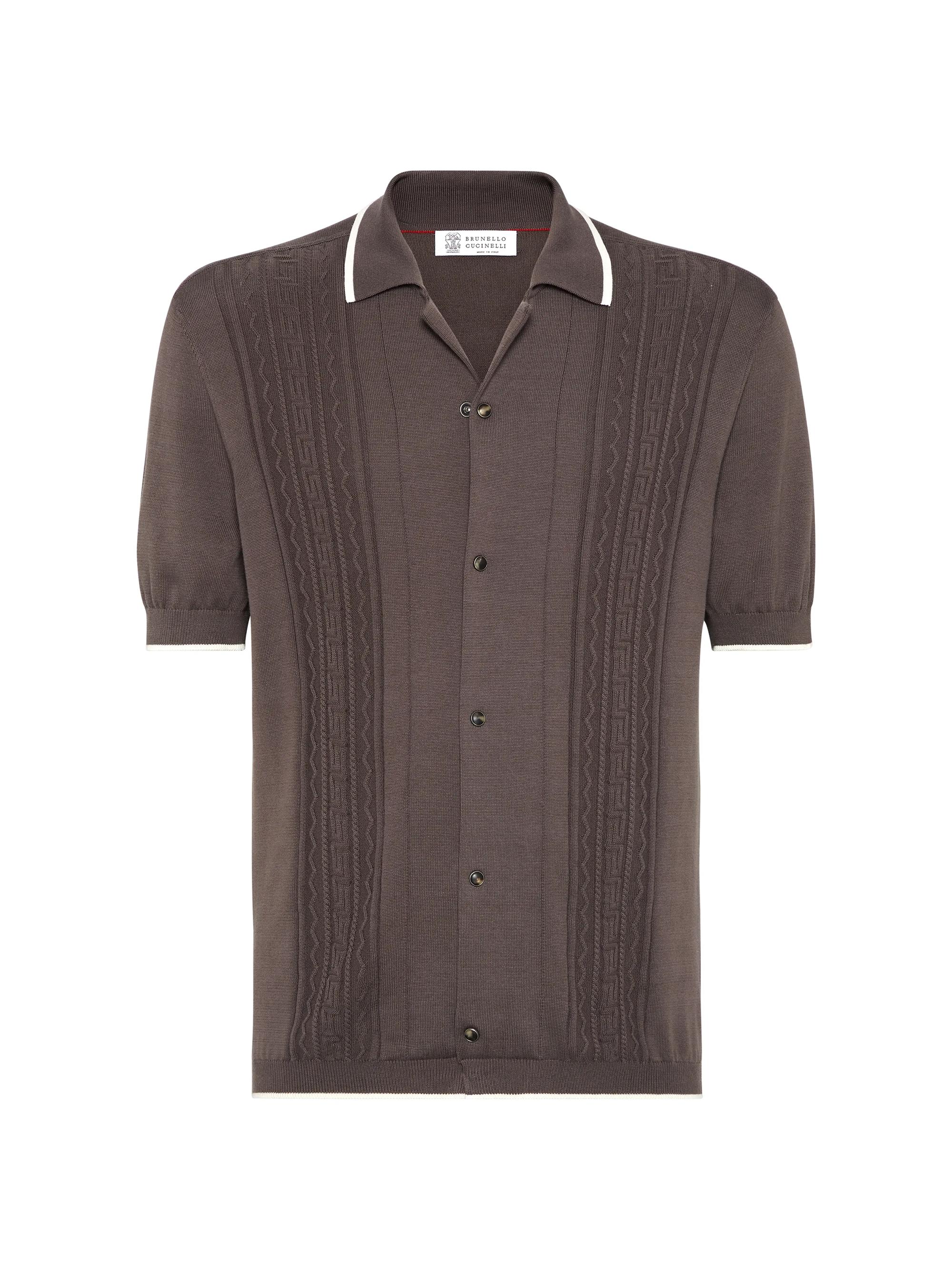 Brunello Cucinelli Men's Knit Shirt with Short Sleeves and Camp Collar - Coffee