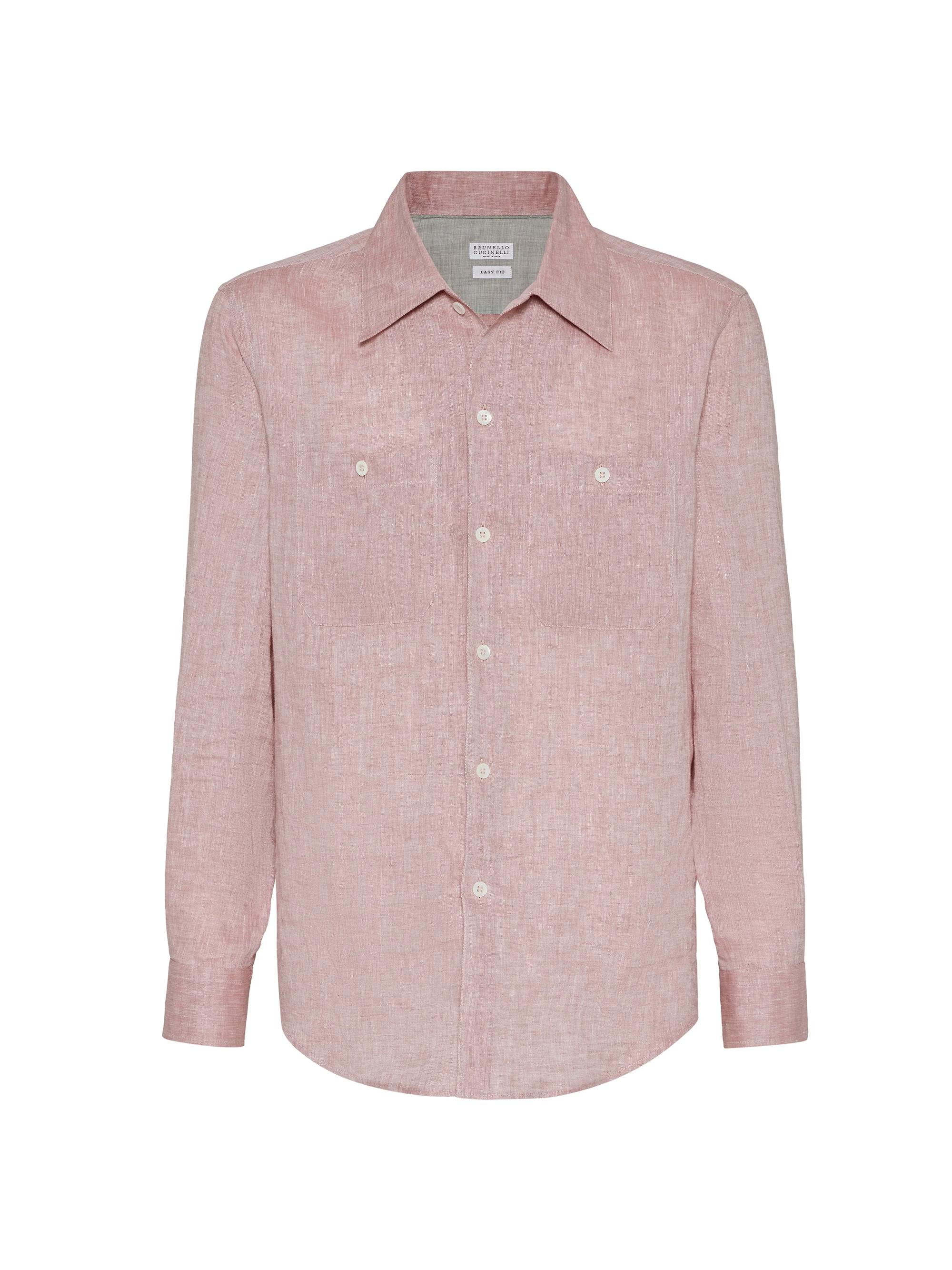Brunello Cucinelli Men's Linen Easy Fit Shirt with Chest Pockets - Coral
