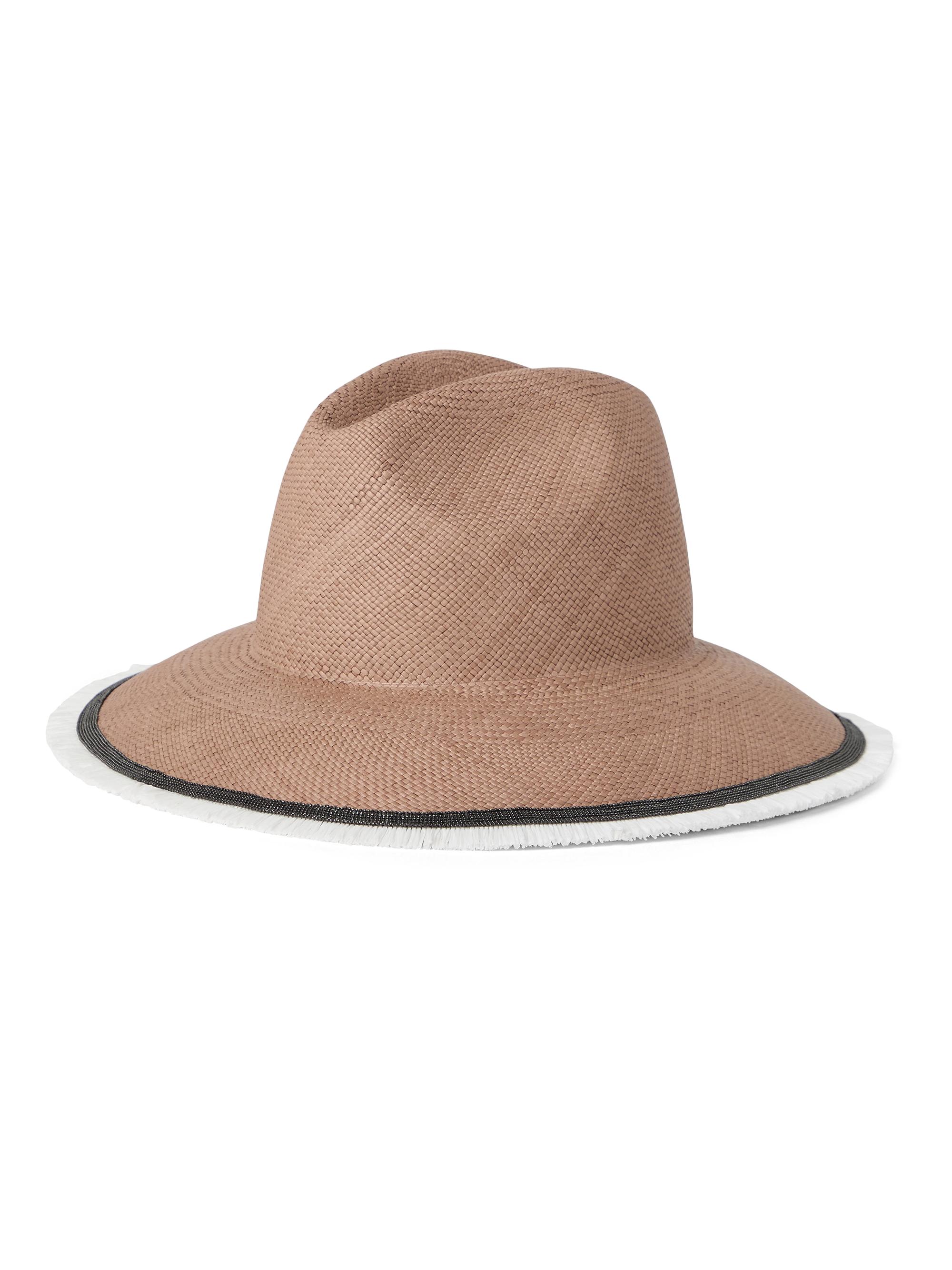 Brunello Cucinelli Women's Straw Fedora with Precious Raffia Trim - Light Brown