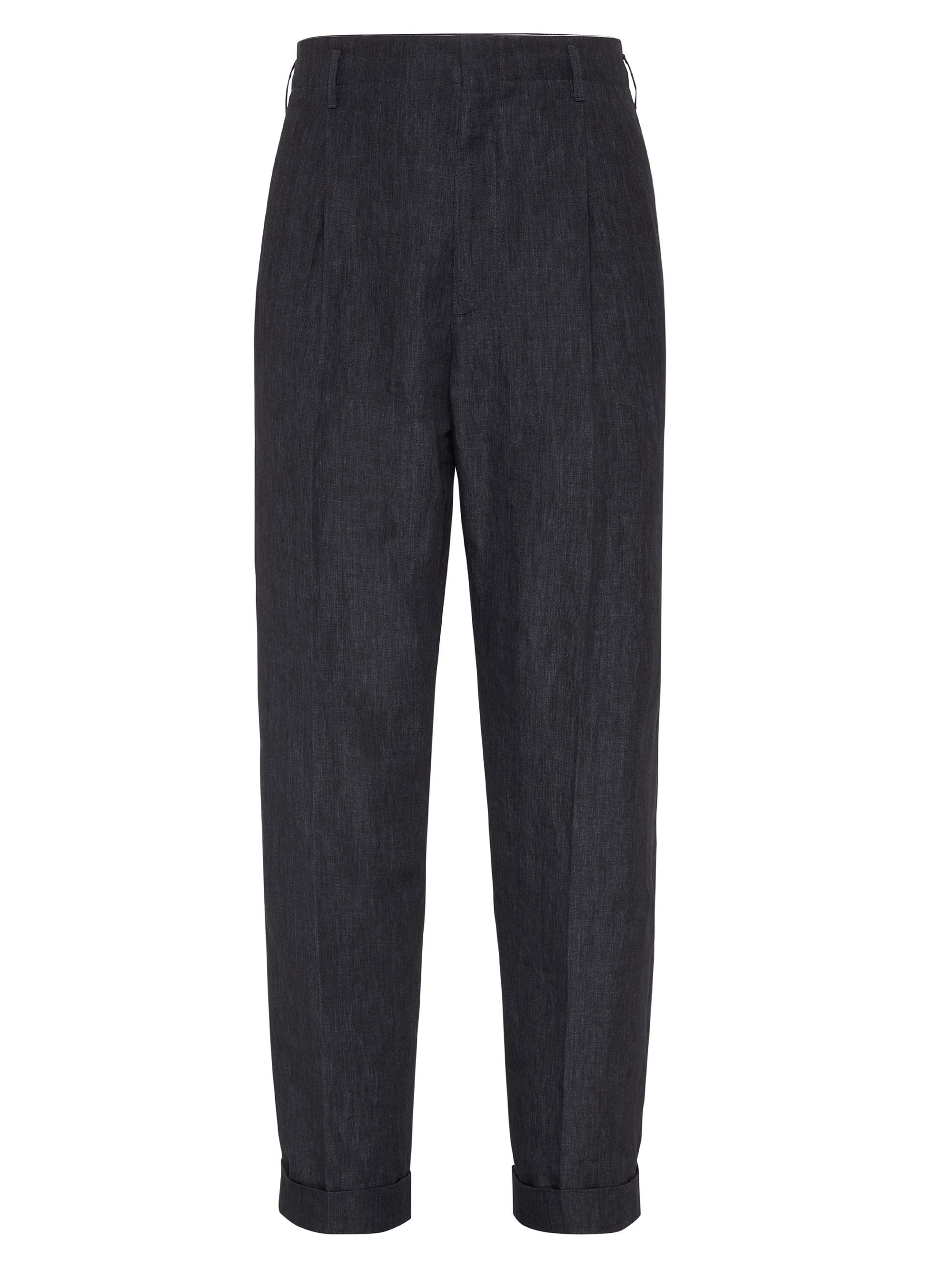Brunello Cucinelli Men's Linen Tailor Fit Trousers with Double Pleats - Azure