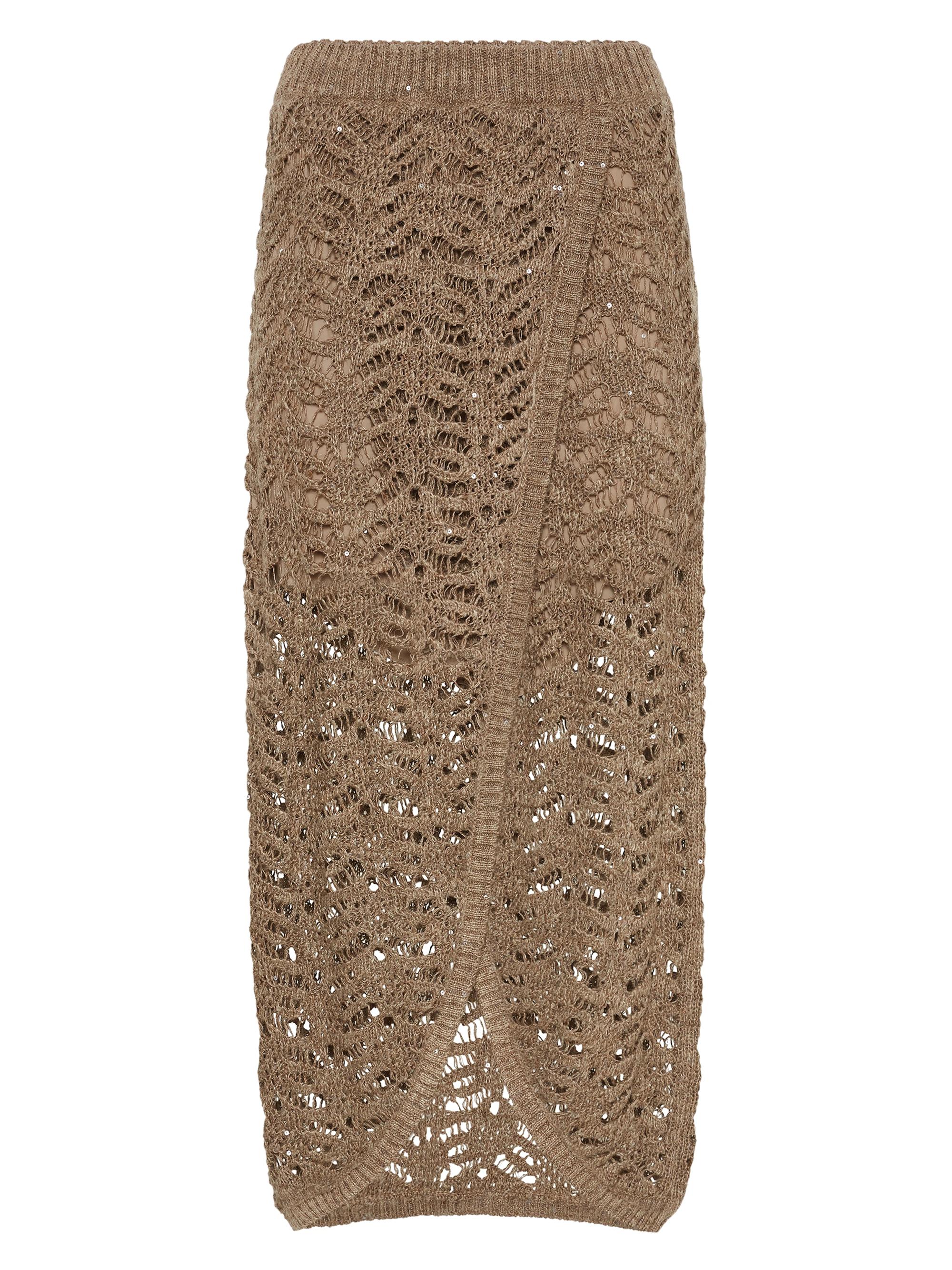 Brunello Cucinelli Women's Foliage Lace Knit Skirt in Linen and Silk Diamond Yarn - Light Brown