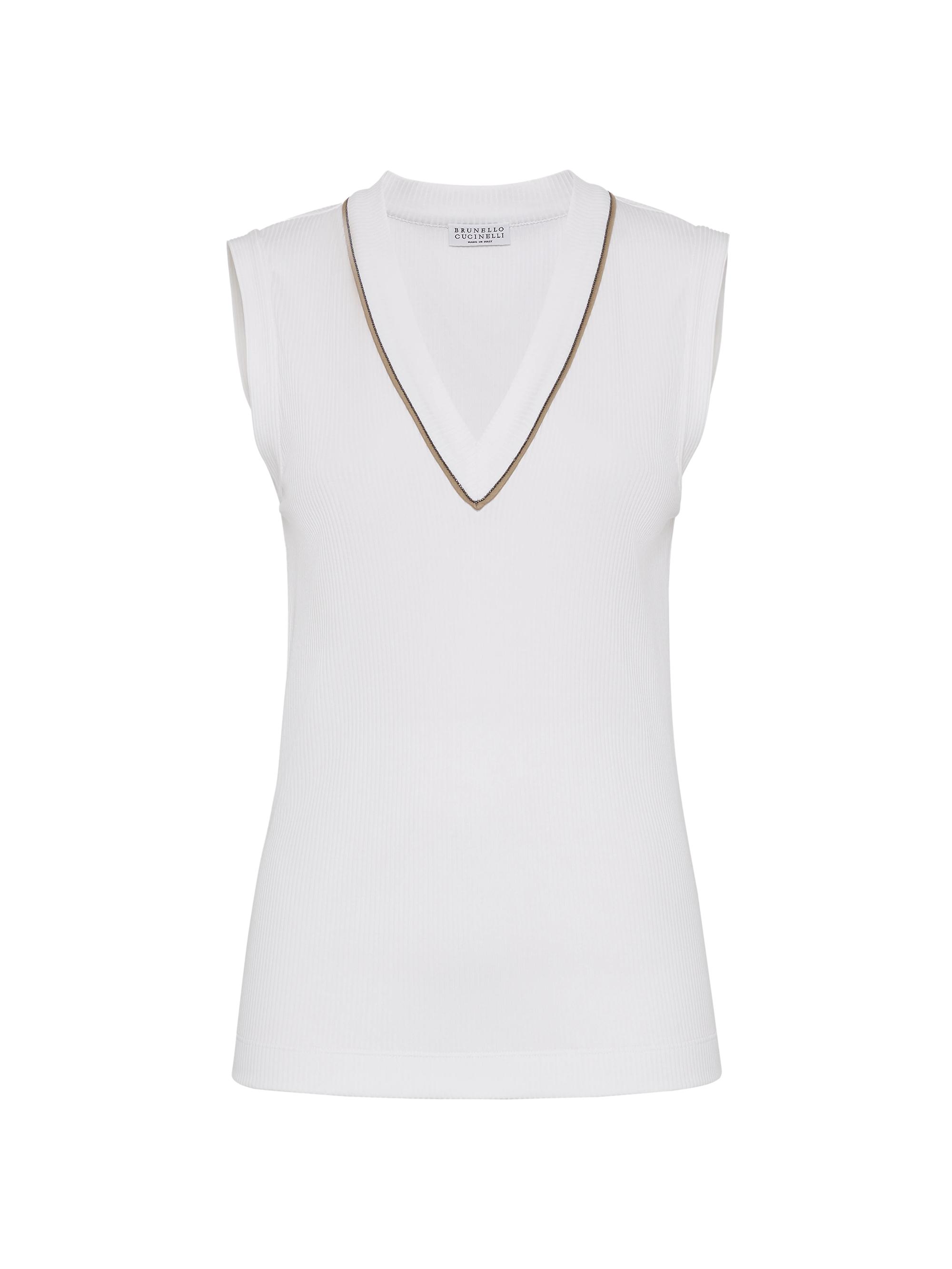 Brunello Cucinelli Women's Comfort Cotton Ribbed Jersey Top with Shiny Piping - Off White