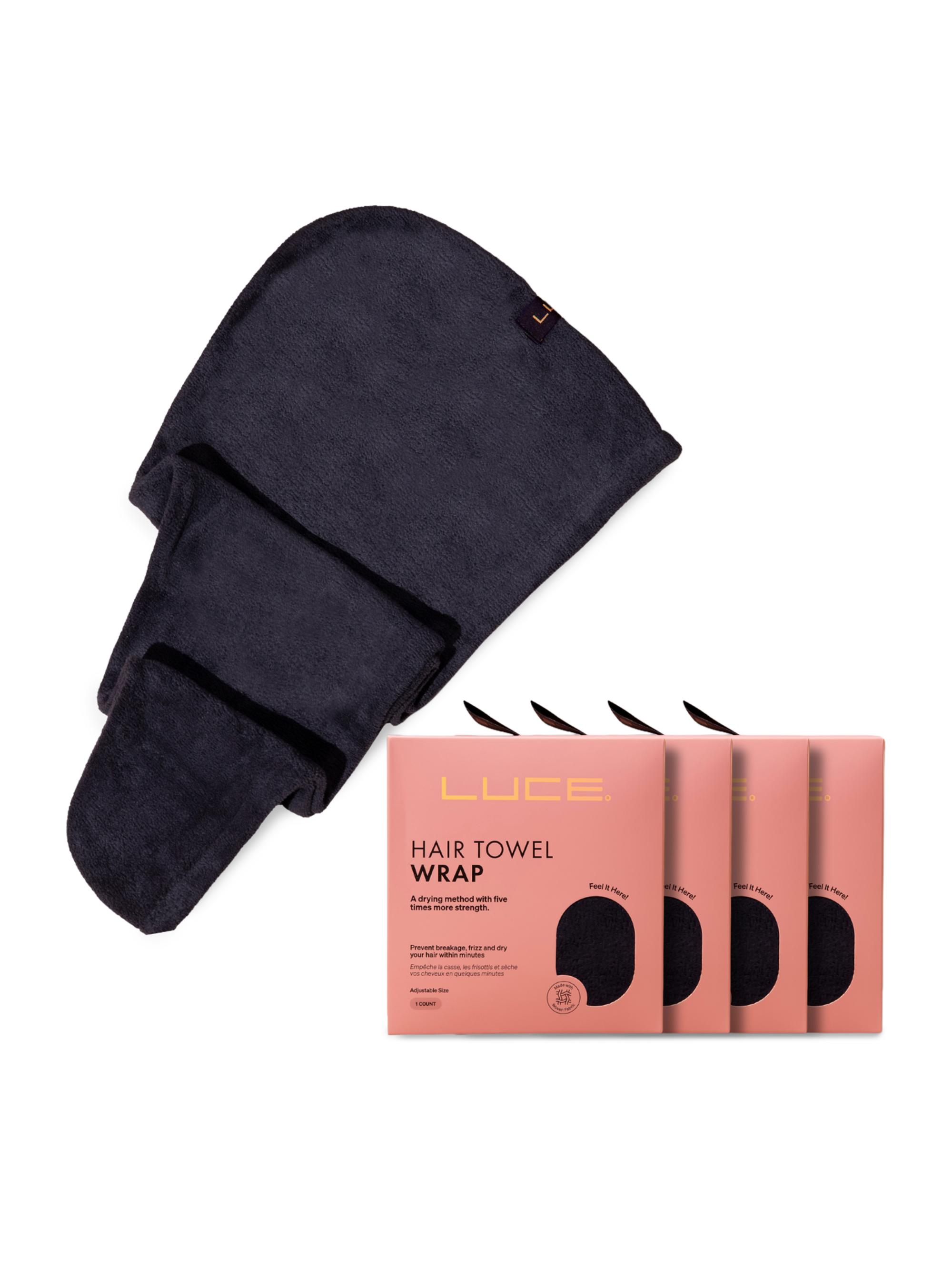 Luce Women's Adjustable Hair Towel Wrap - Eco-Friendly and Ultra-Absorbent (X4) - Black