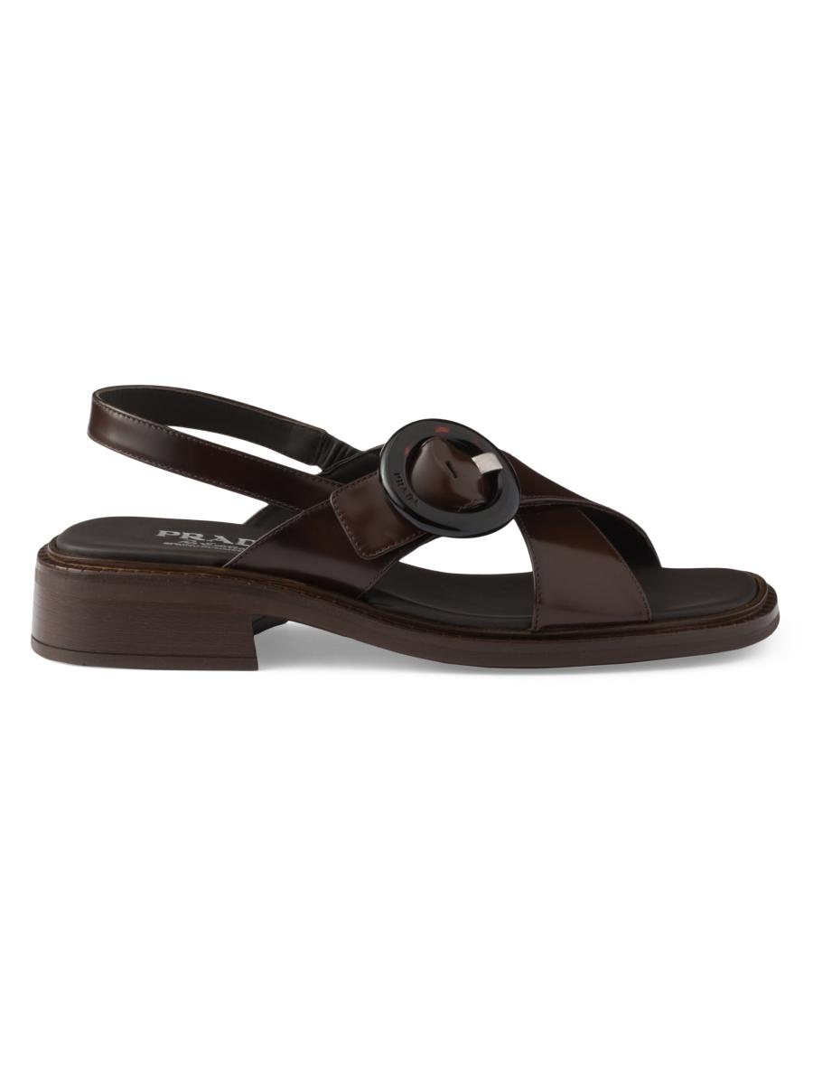 サンダル・ミュール PRADA BRUSHED LEATHER SANDALS WITH A BURNT COLOR BUCKLE Prada Brushed leather sandals with a burnt color buckle