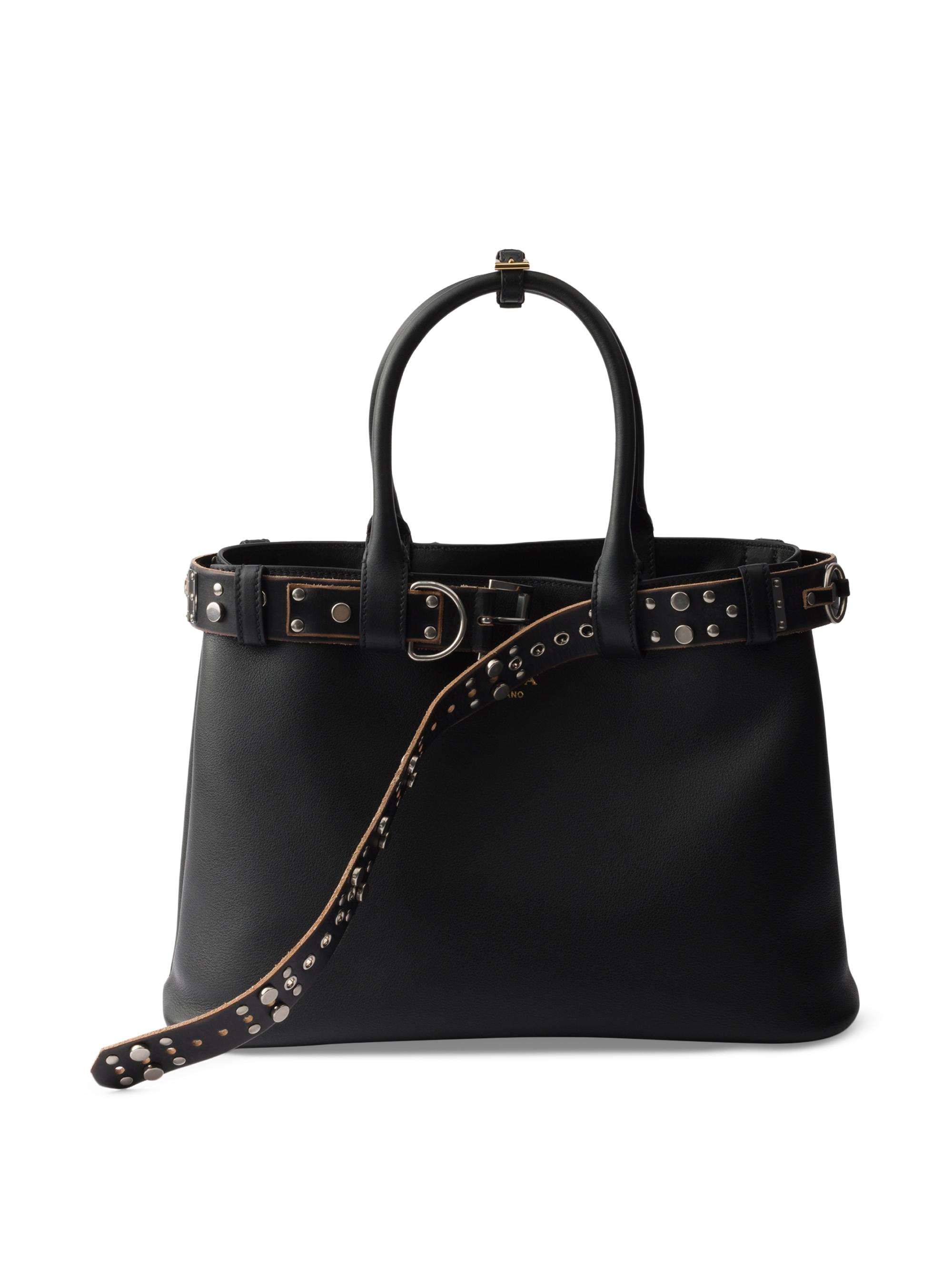 Prada Women's  Buckle Leather Bag with Studded Belt - Brown