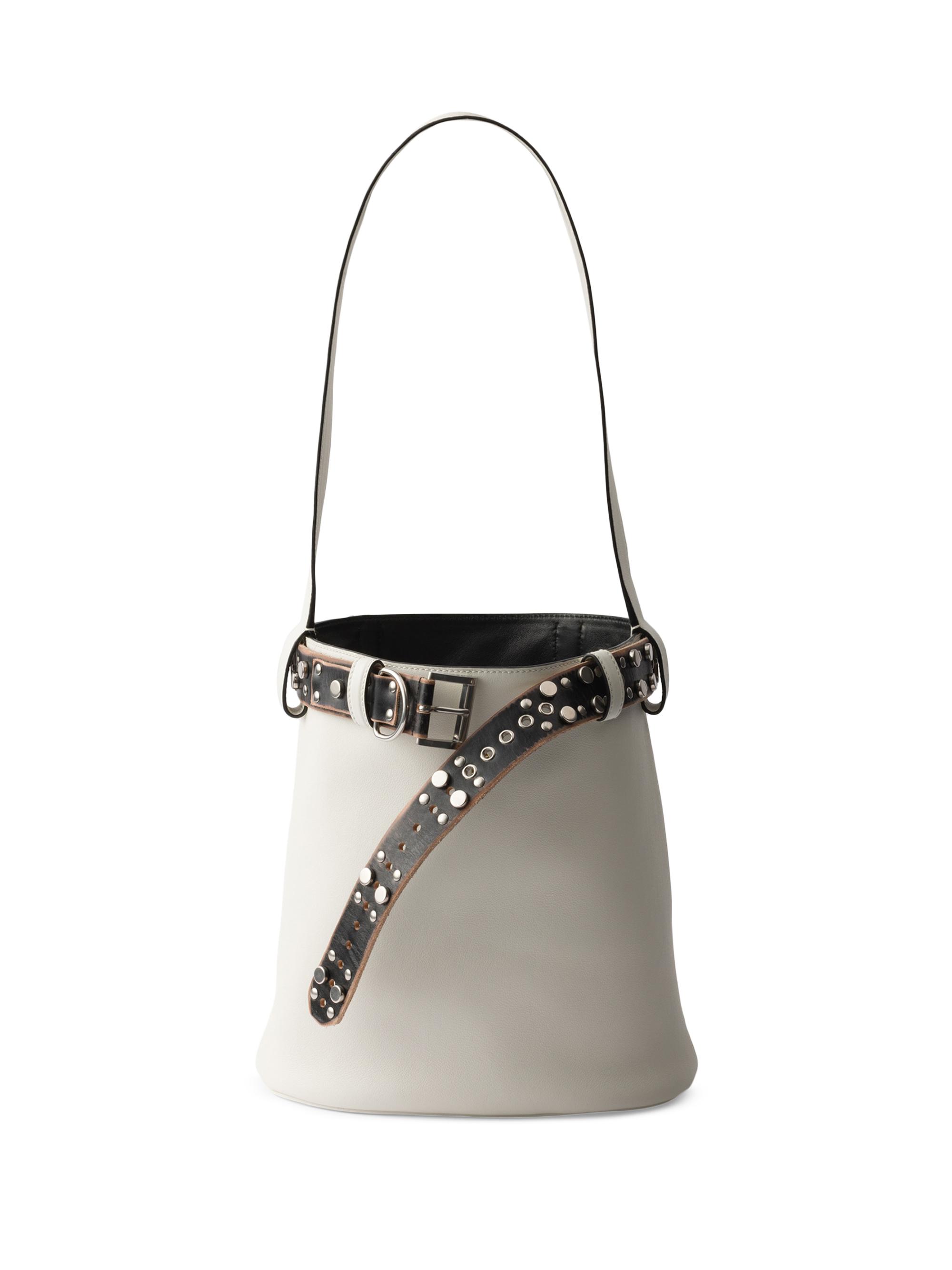 Prada Women's Buckle Leather Bucket Bag with Studded Belt - White