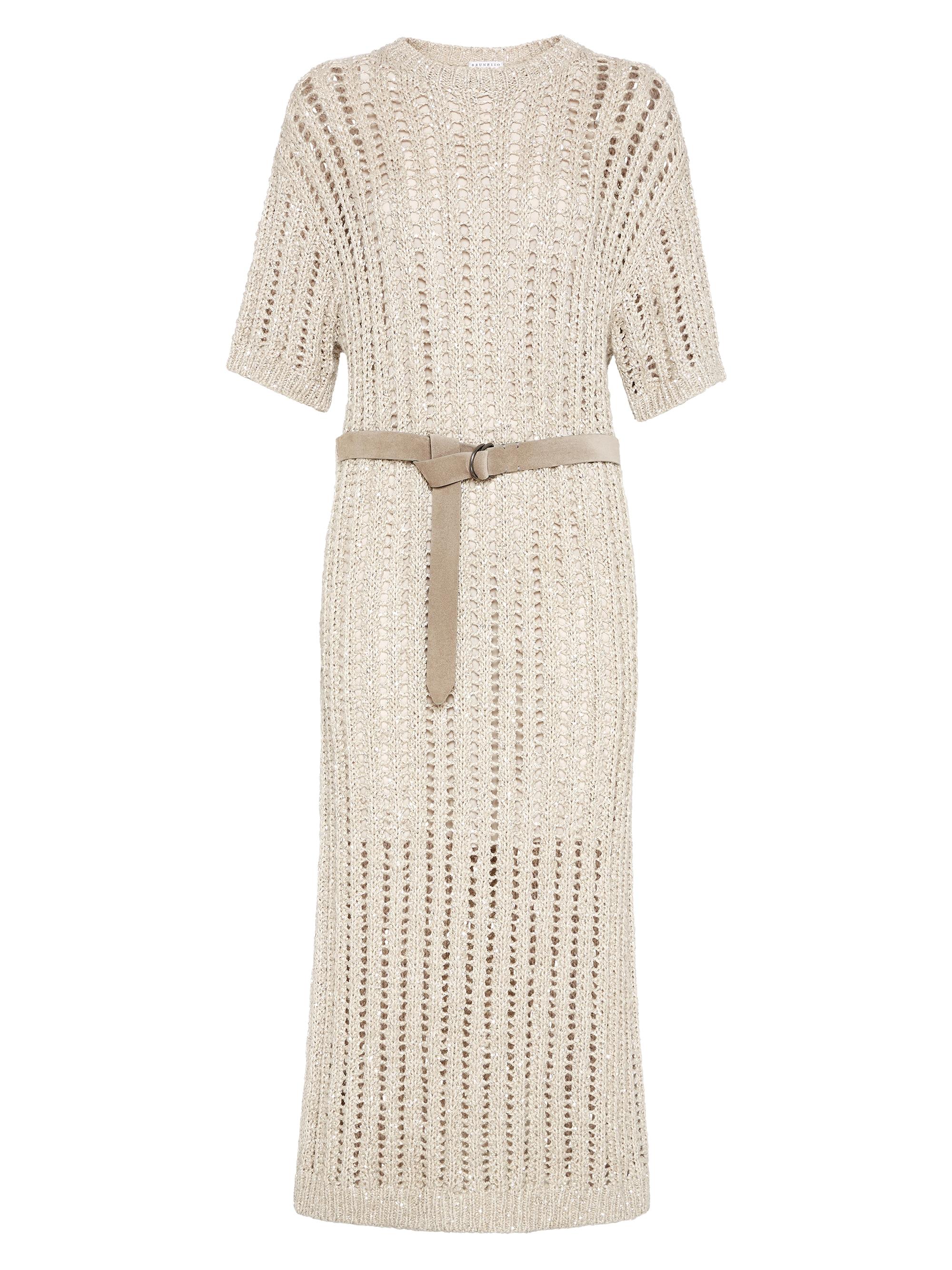 Brunello Cucinelli Women's Dazzling Silk and Linen Openwork Rib Knit Dress with Suede Belt - Natural