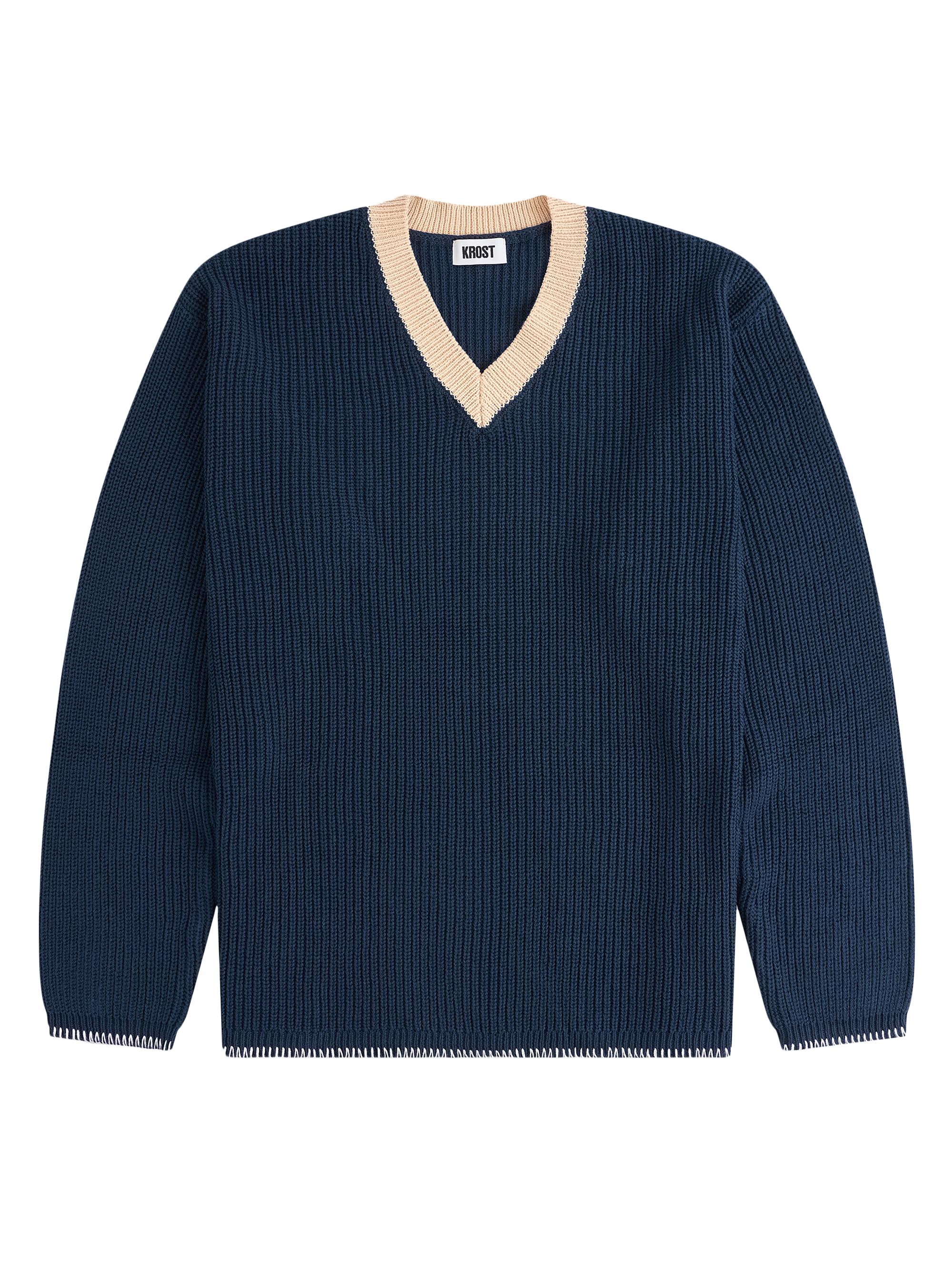 Krost Men's Rib Knit V-Neck Long-Sleeve Sweater - Dark Sapphire