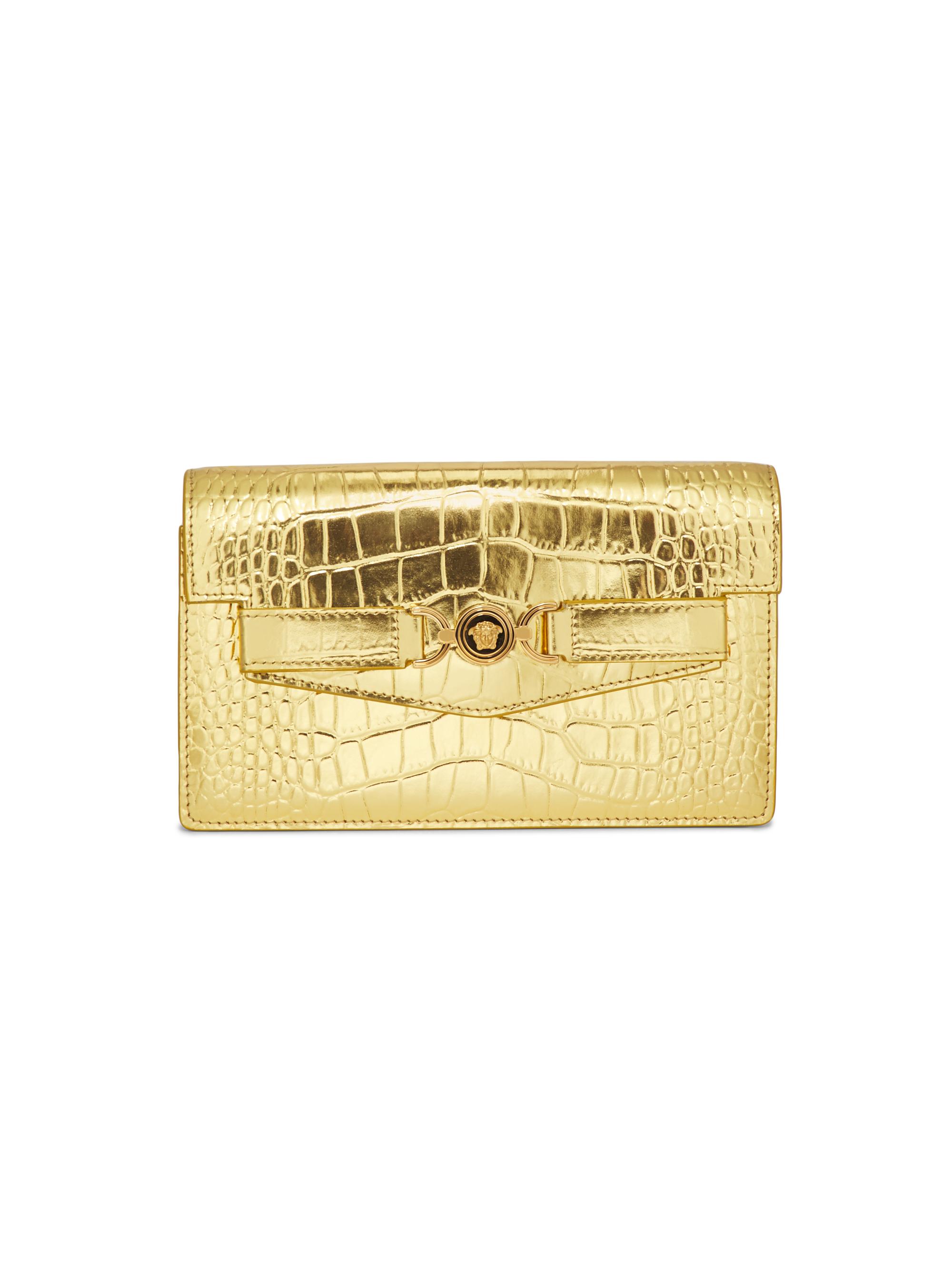 Versace Women's Laminated Croc-Embossed Leather Chain Wallet - Gold  Gold
