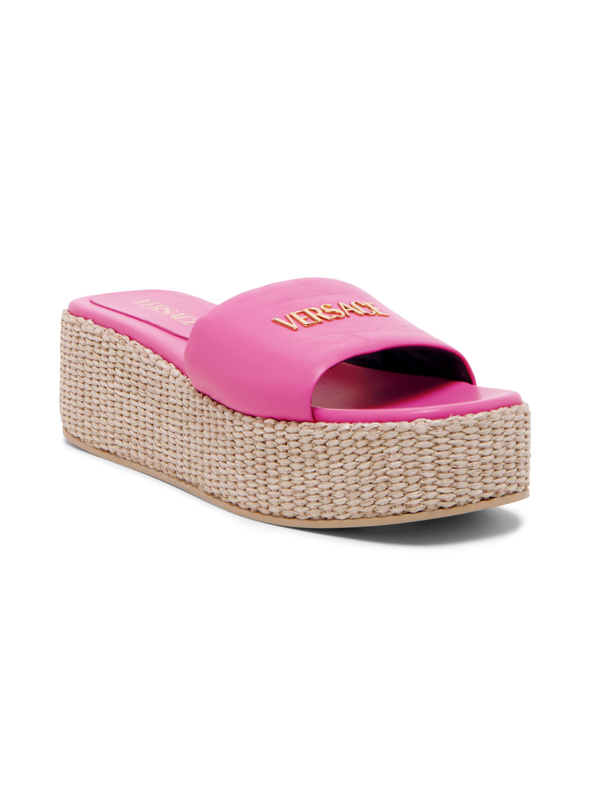 Versace Logo 55MM Leather & Raffia Platform Sandals | Saks Fifth