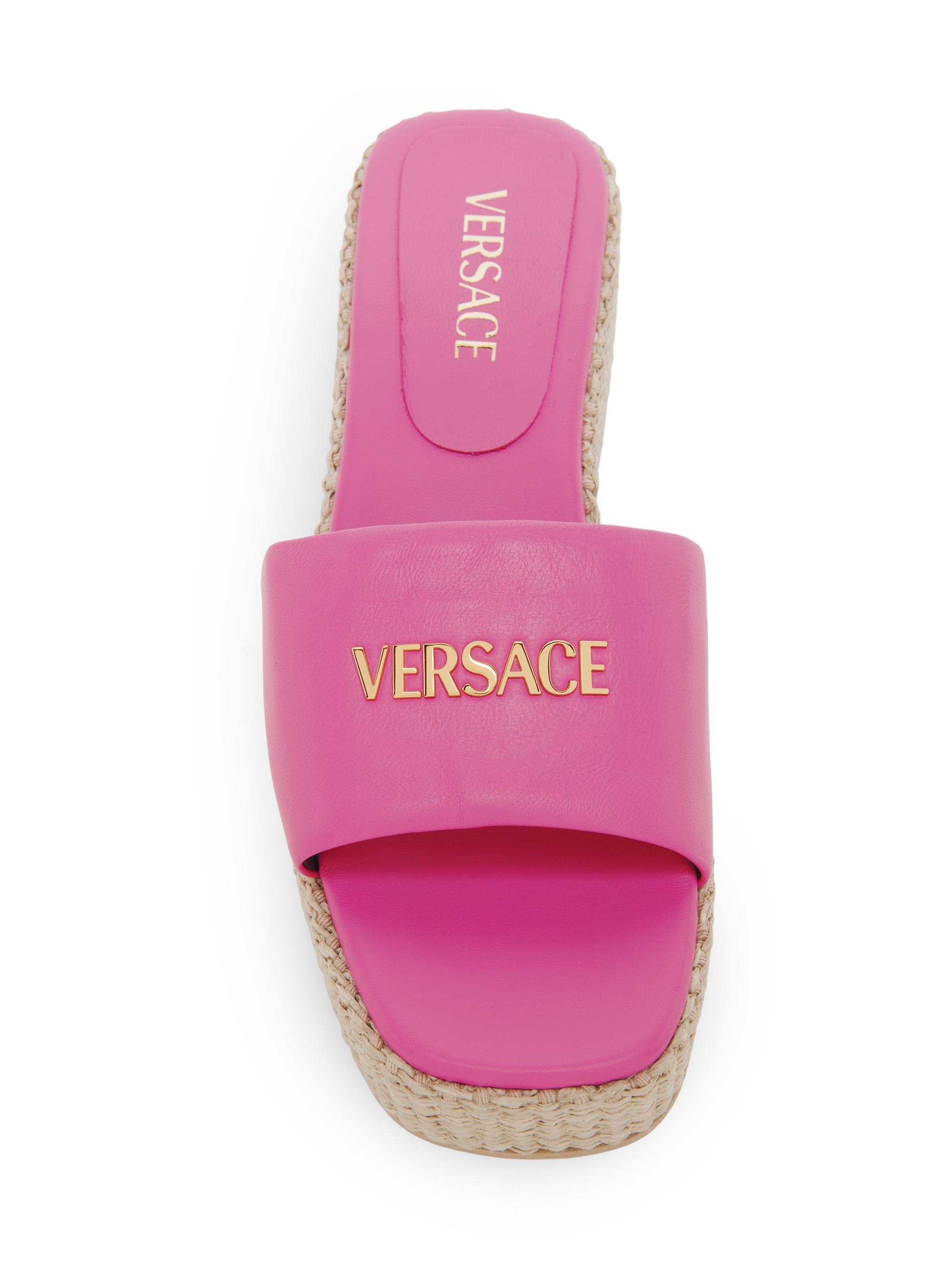 Versace Logo 55MM Leather & Raffia Platform Sandals | Saks Fifth