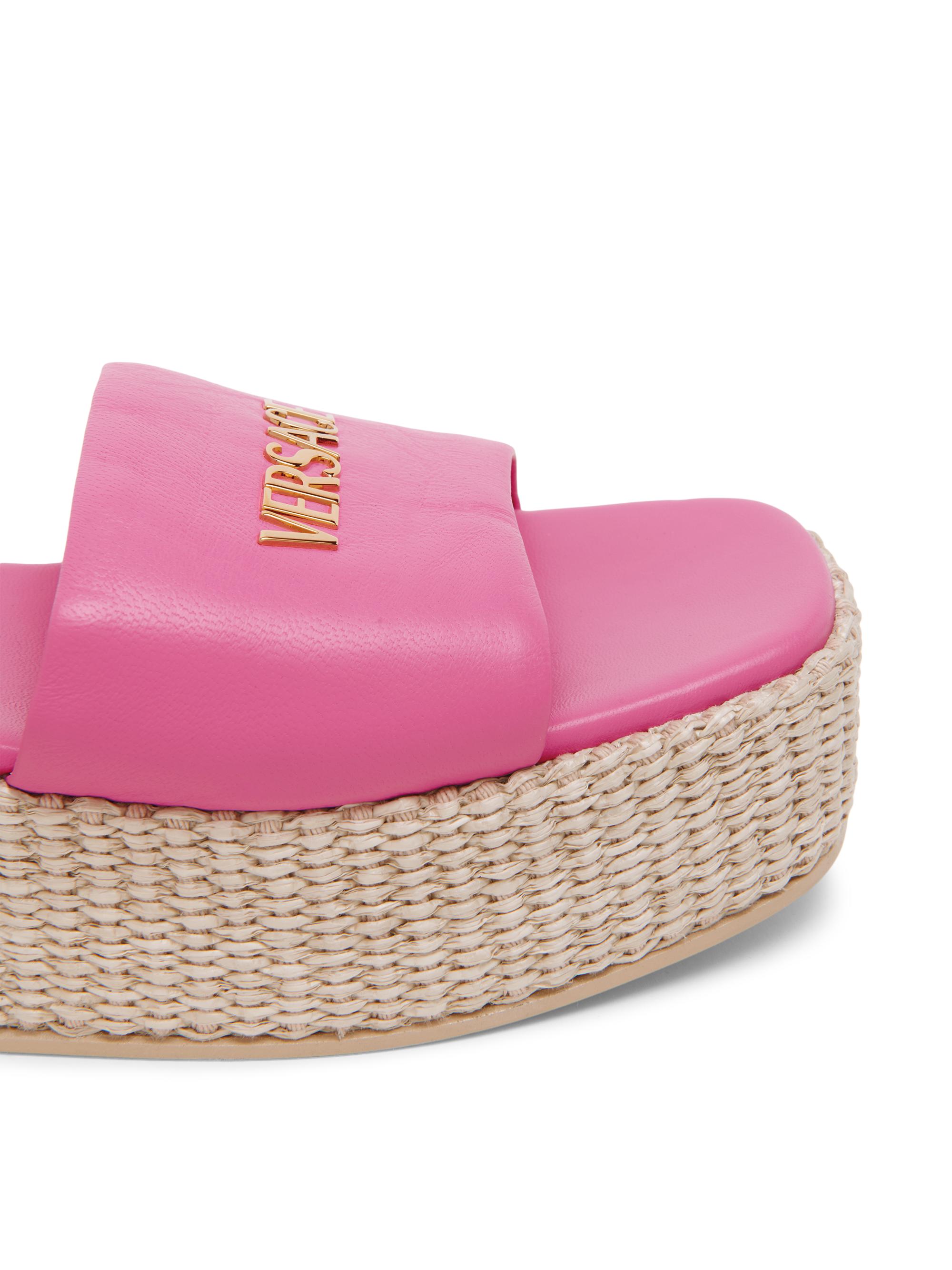 Versace Logo 55MM Leather & Raffia Platform Sandals | Saks Fifth