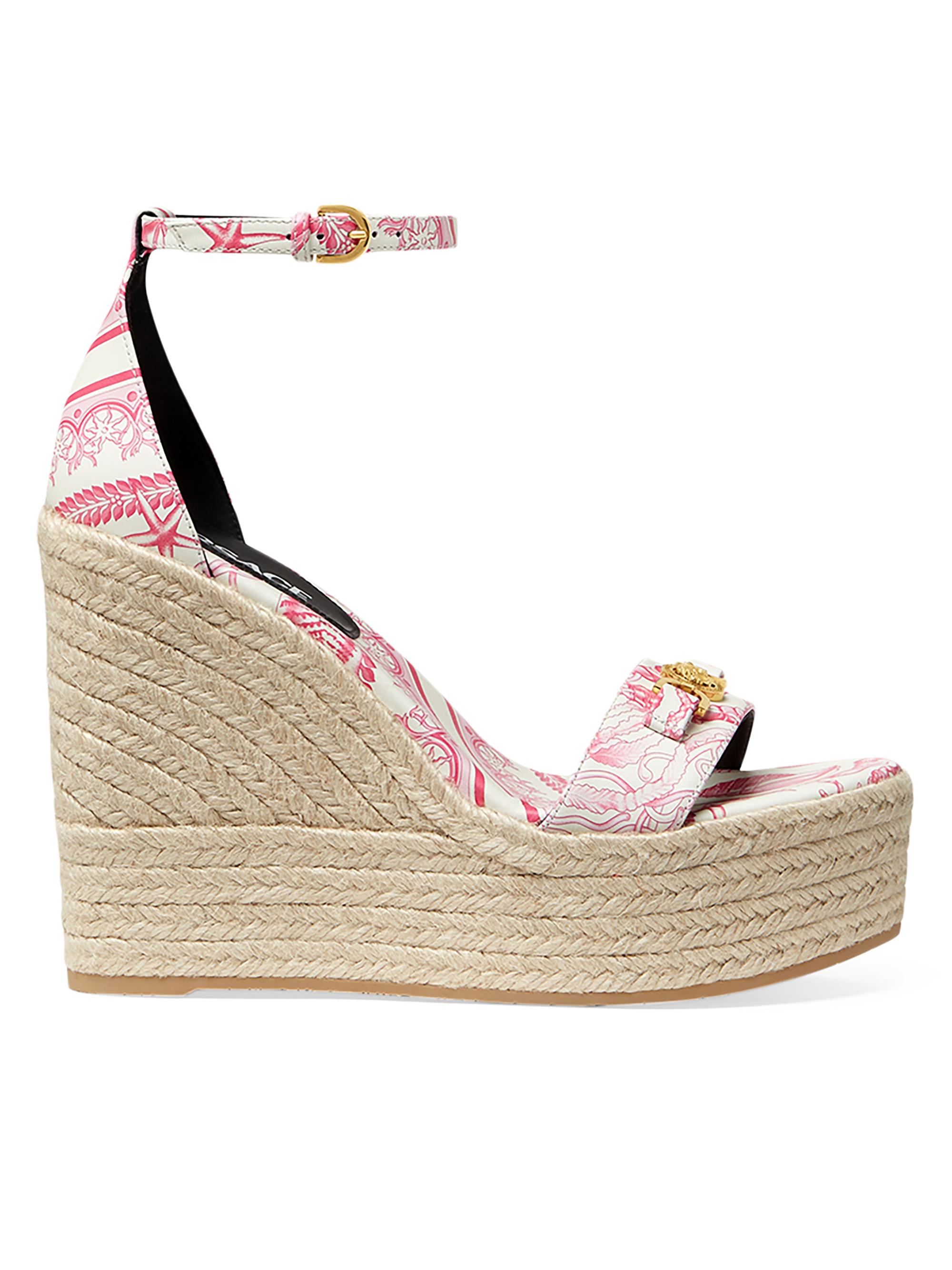 Versace Women's 120MM Baroque Leather Espadrilles - Eggshell Dragon Fruit Gold