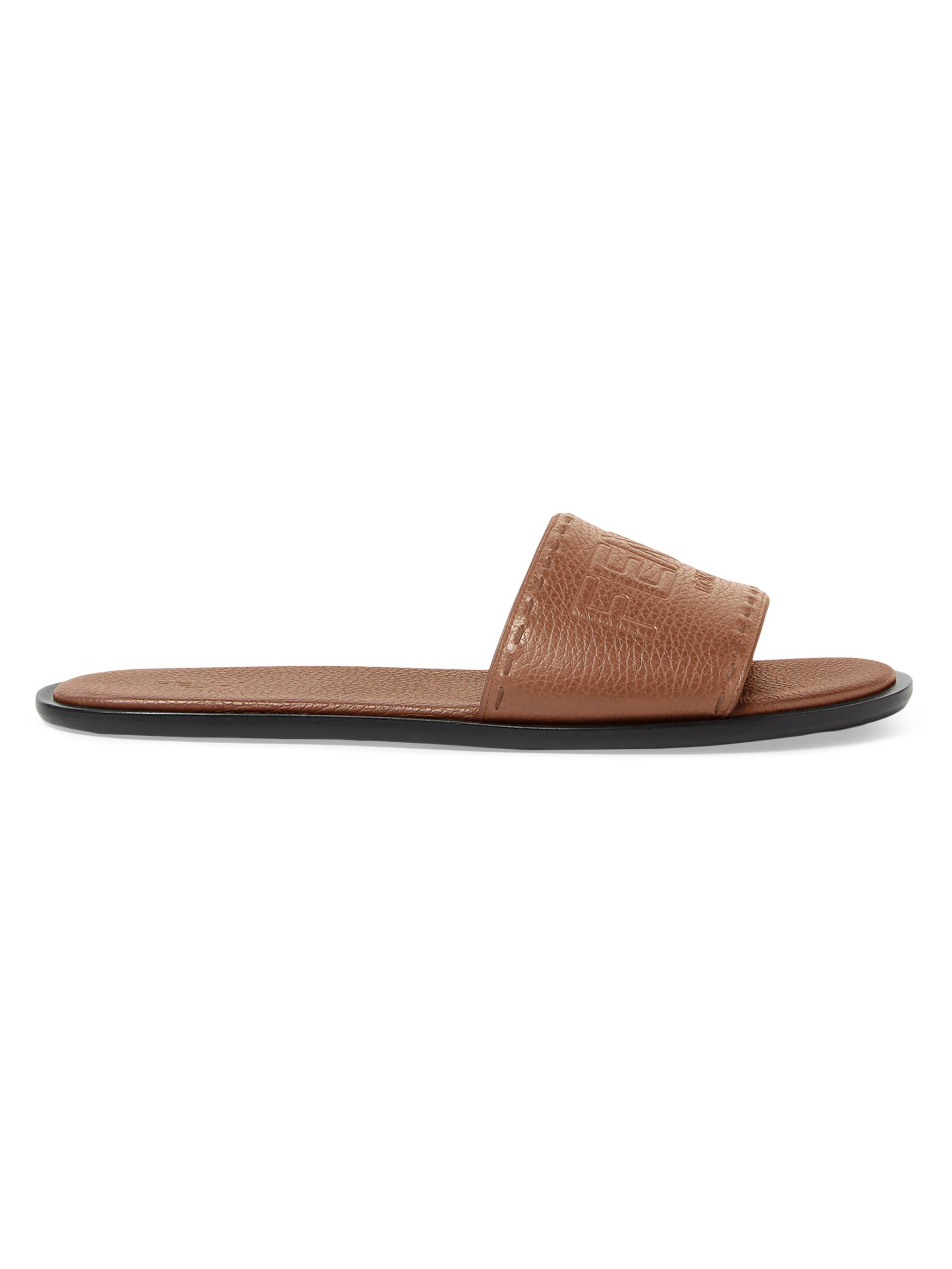 Fendi Men's Logo-Embossed Leather Slide Sandals - Brown