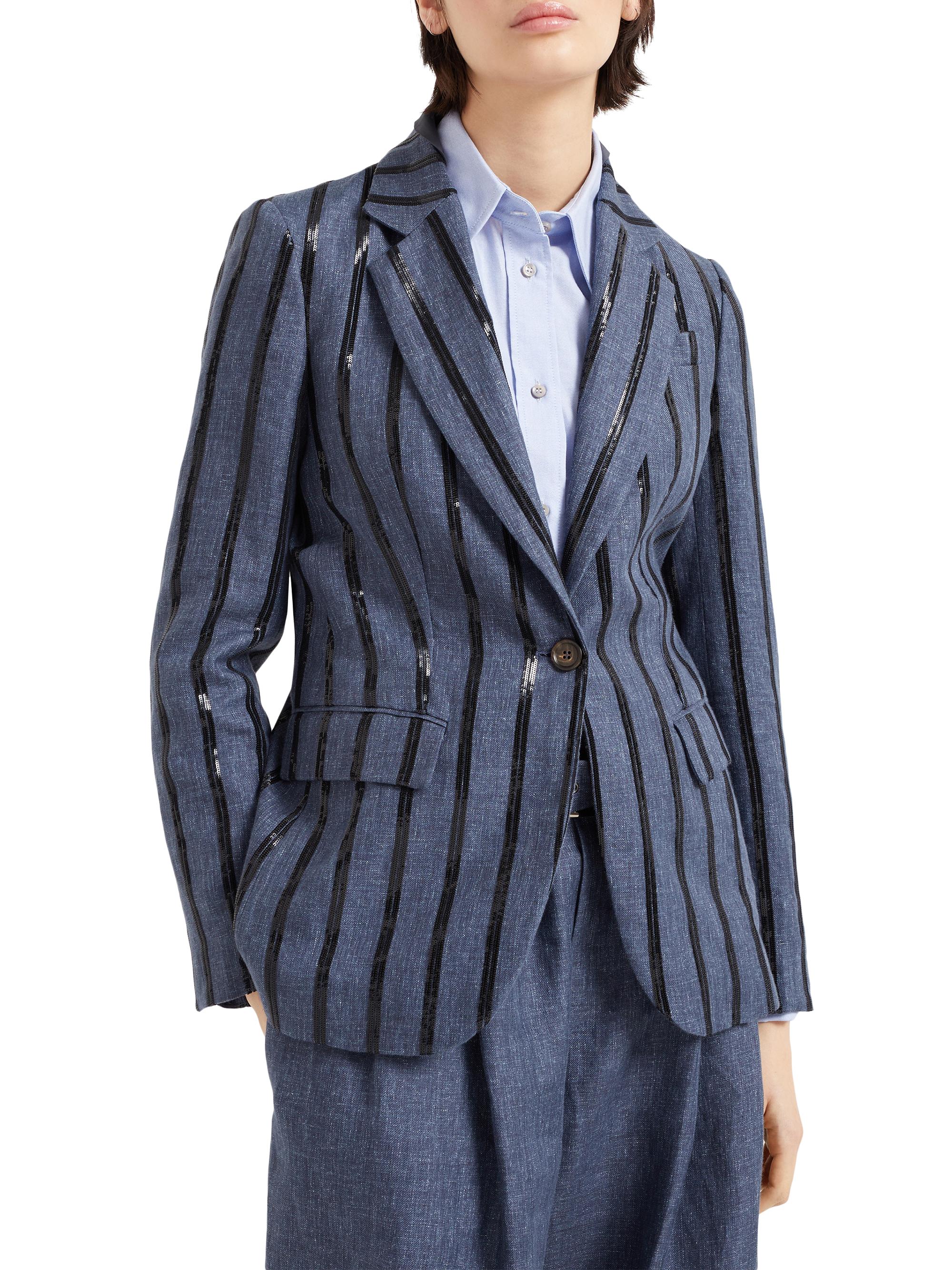 Brunello Cucinelli Women's Denim Effect Linen Blazer with Dazzling Stripe Embroidery - Denim