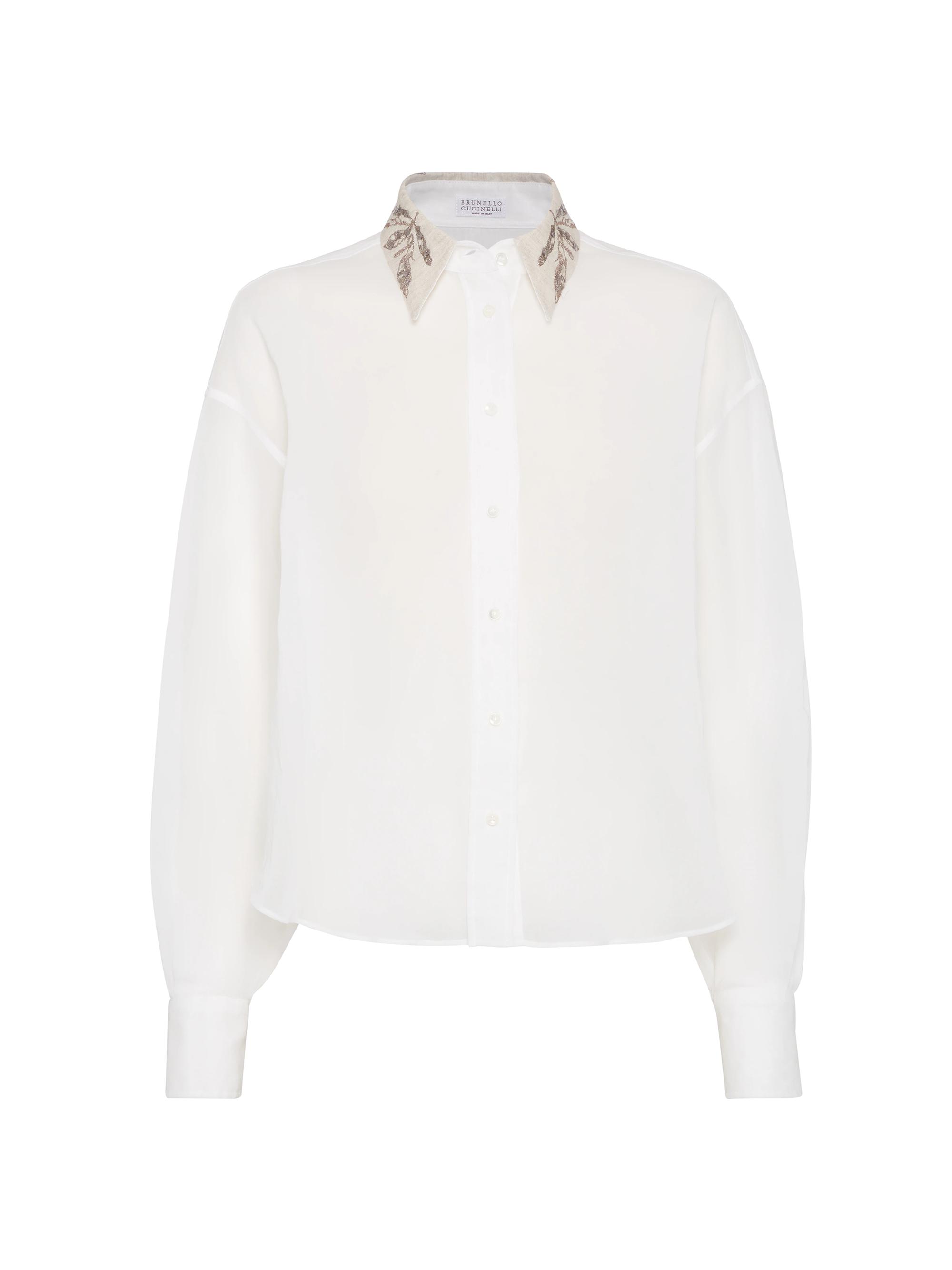 Brunello Cucinelli Women's Cotton Organza Shirt with Glistening Herbarium Embroidery Collar - White