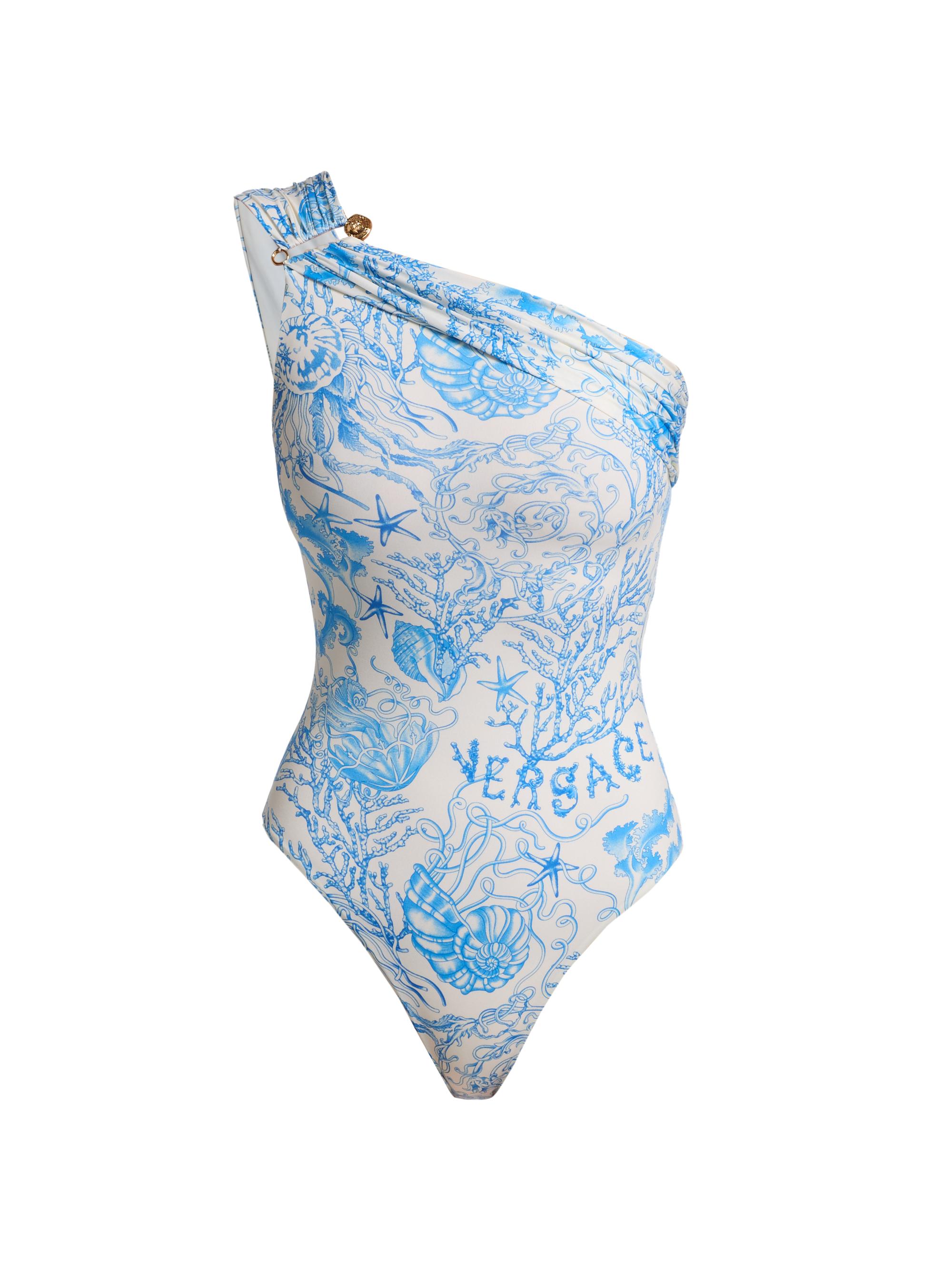 Versace Women's Saftety Pin Printed One-Shoulder One-Piece Swimsuit - Eggshell Bright Blue