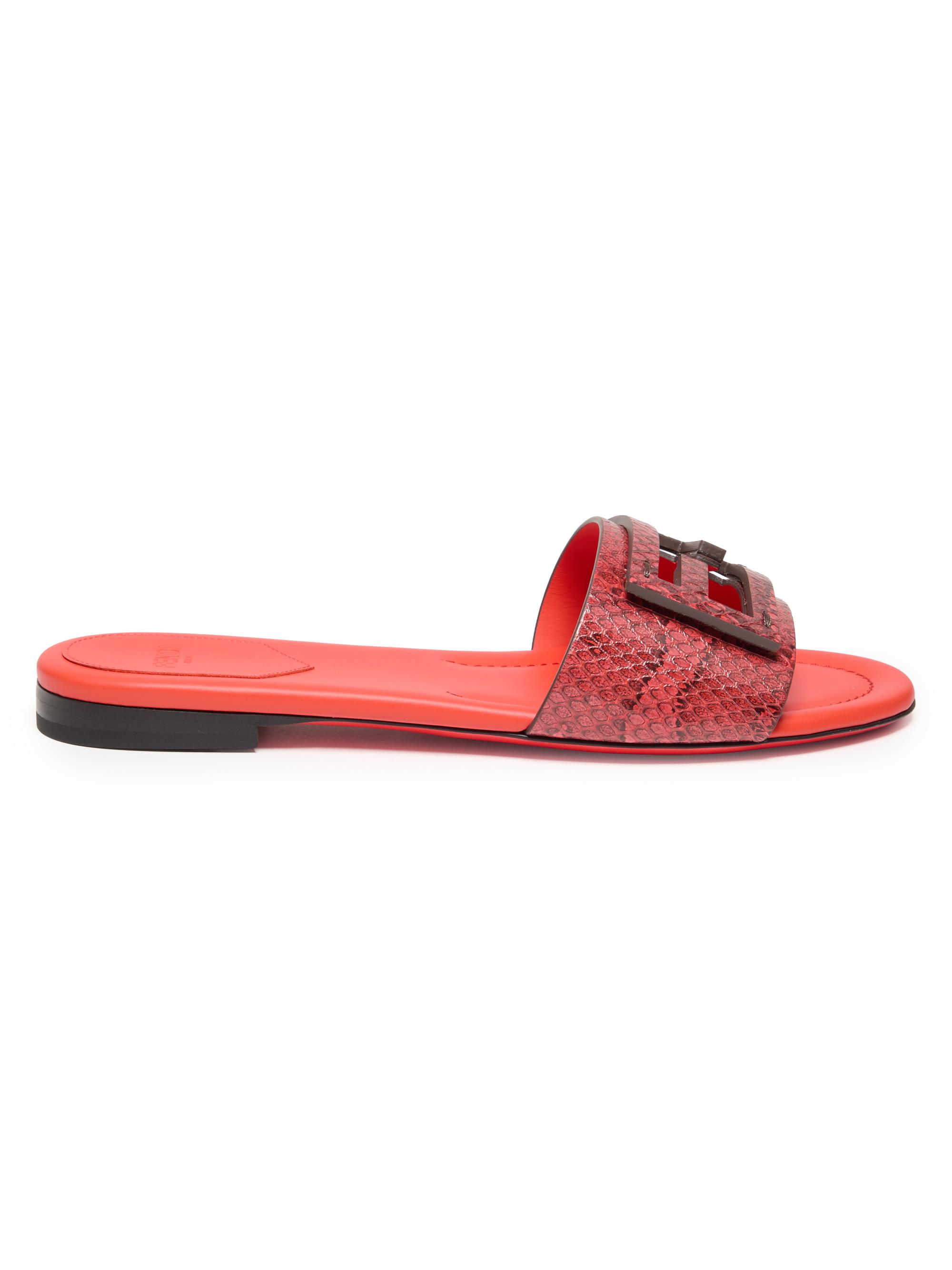 Fendi Women's Baguette Snake-Embossed Leather Slides - Lava  Sandals