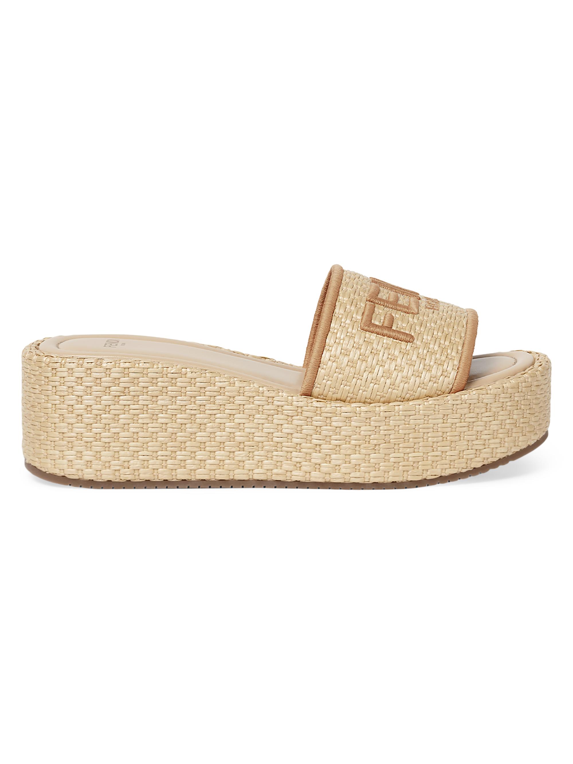 Fendi Women's Sunshine Logo Cotton Platform Slides - Natural Beige  Sandals