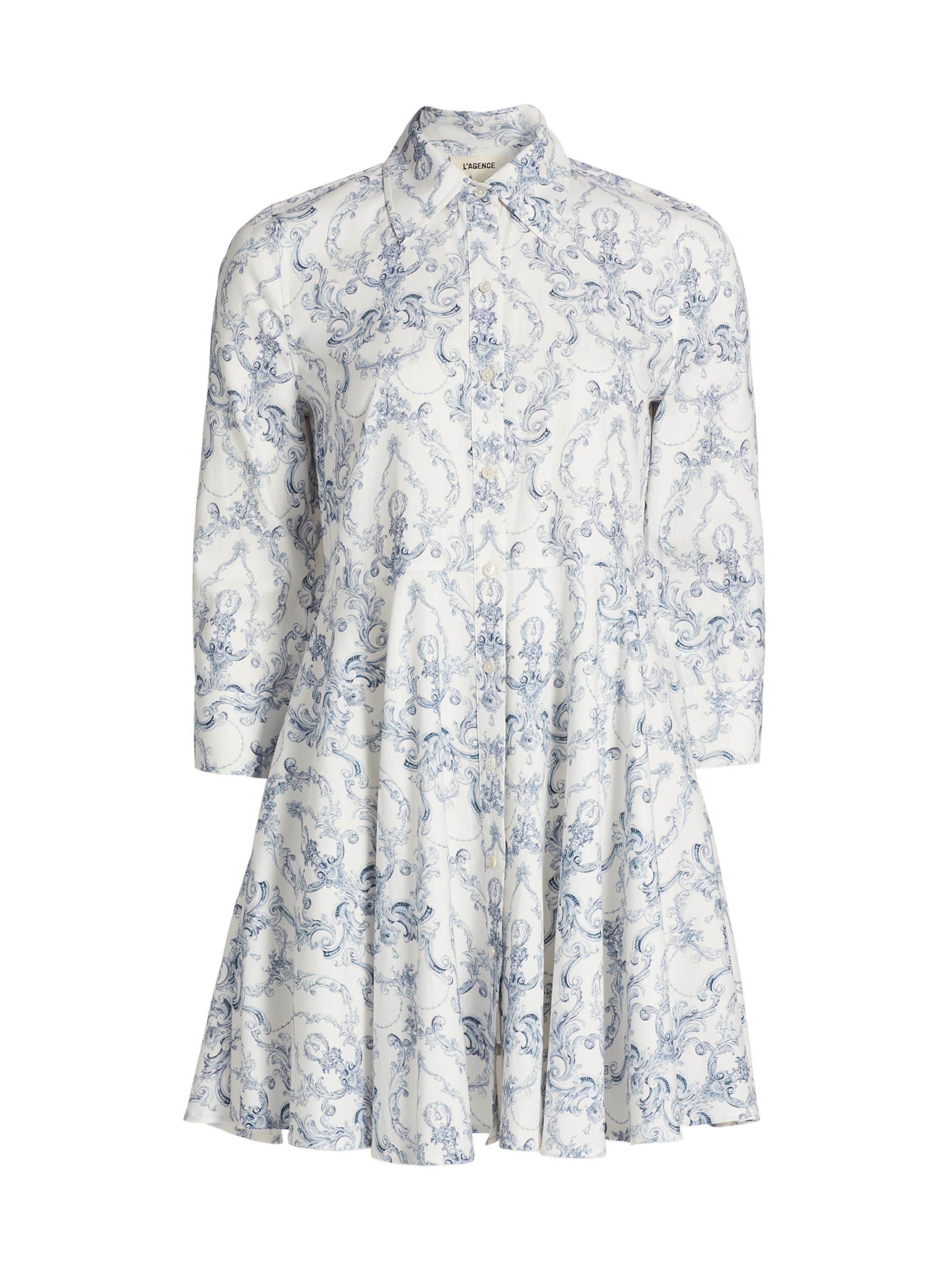 L'AGENCE Women's Meadow Printed Mini-Shirtdress - Vintage White Blue Scroll