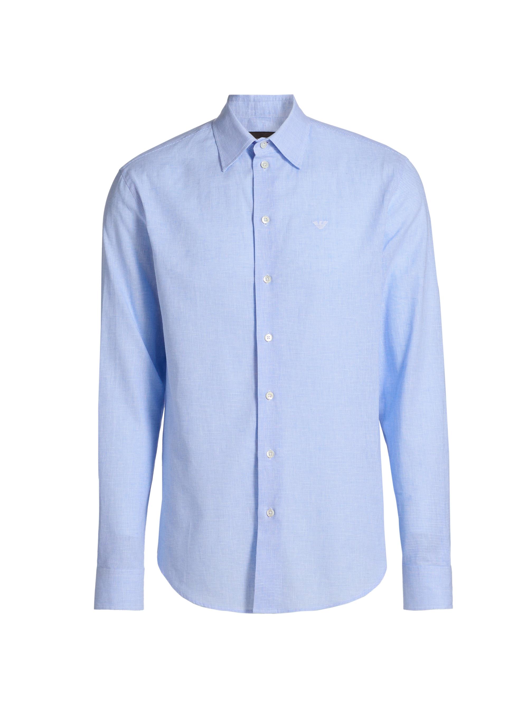 Emporio Armani Men's Linen-Cotton Houndstooth Shirt - Light Blue