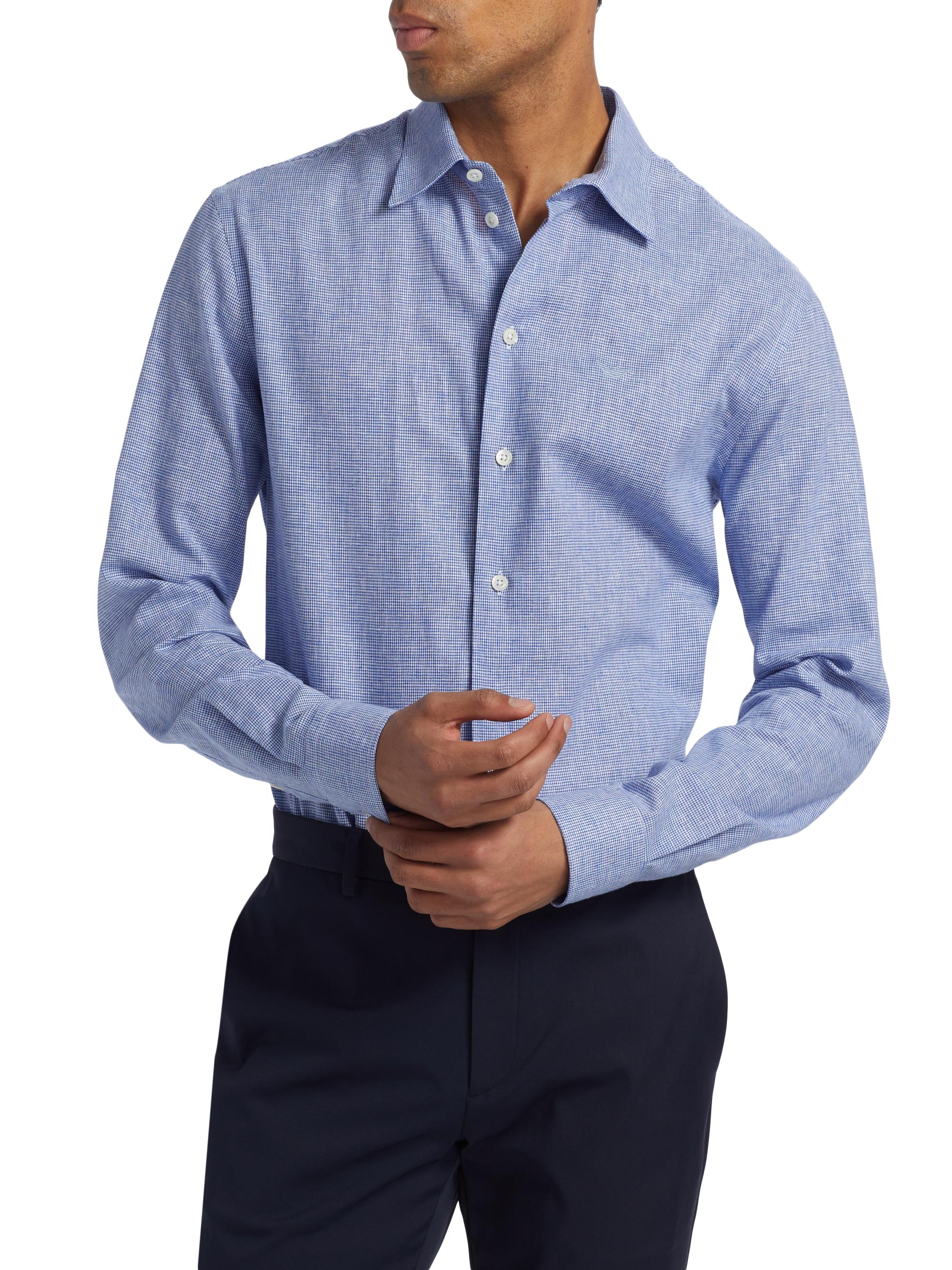 Emporio Armani Men's Linen-Cotton Houndstooth Shirt - Royal Blue | Thumbnail 3