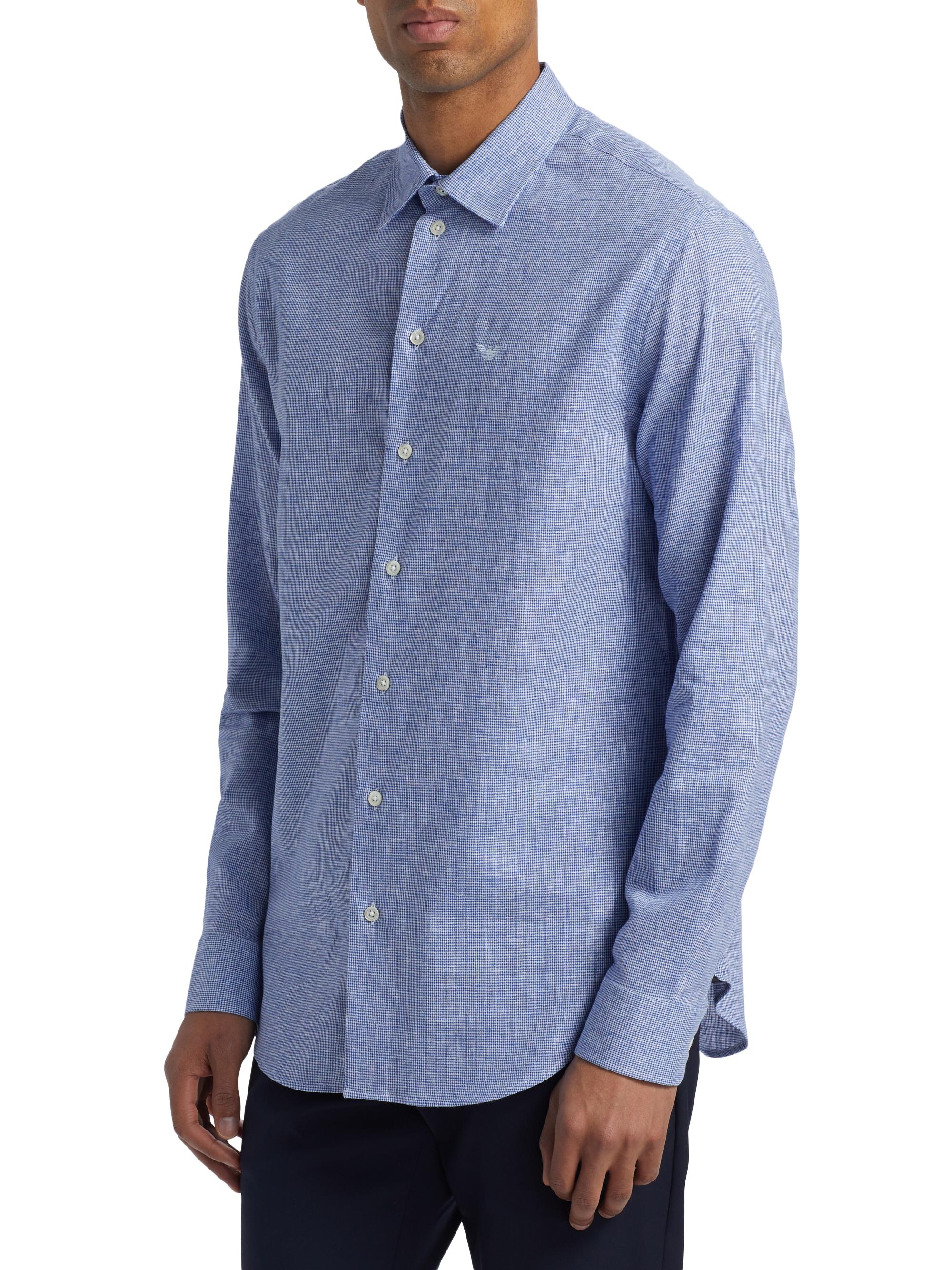 Emporio Armani Men's Linen-Cotton Houndstooth Shirt - Royal Blue | Thumbnail 4
