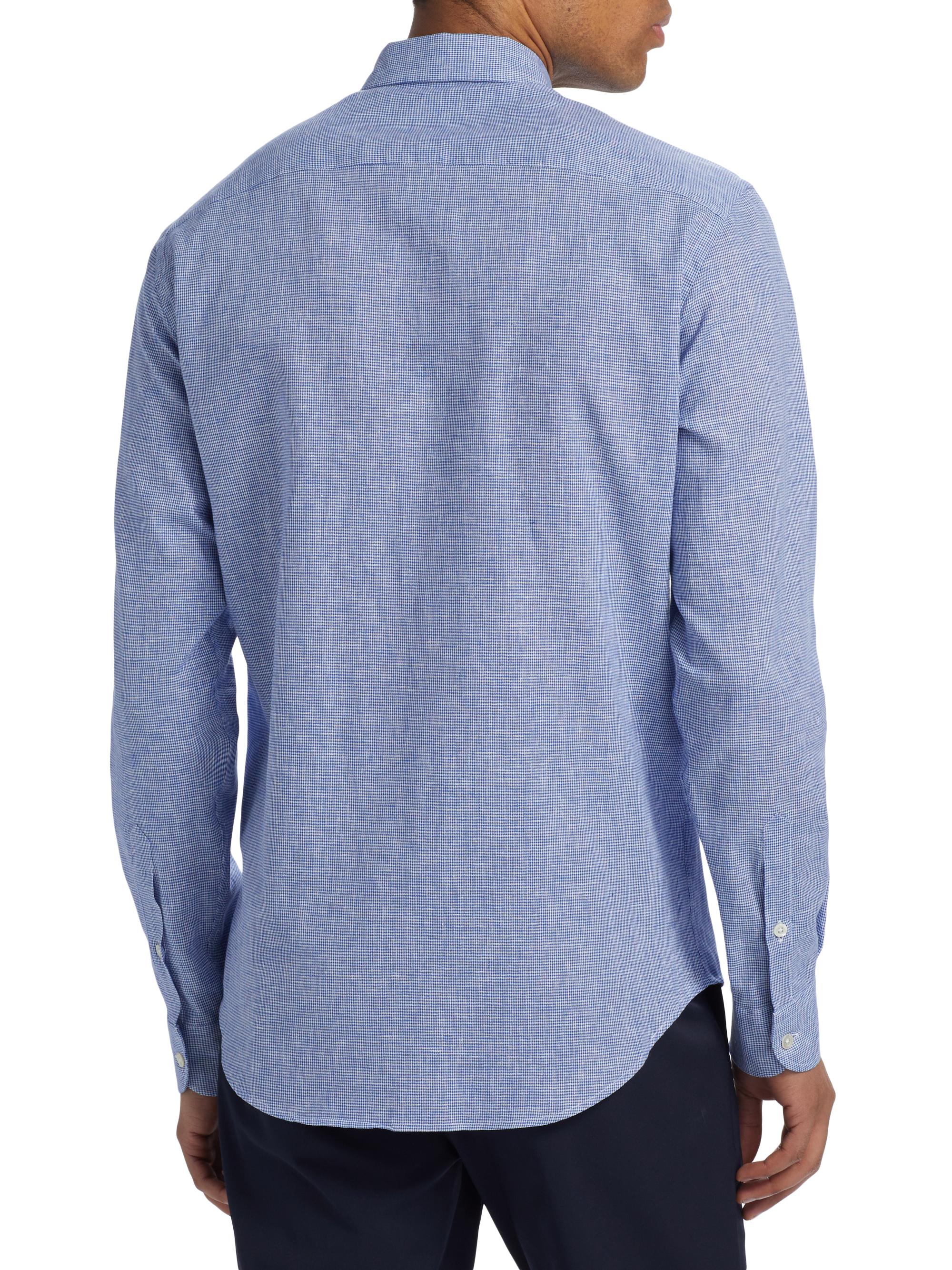 Emporio Armani Men's Linen-Cotton Houndstooth Shirt - Royal Blue | Thumbnail 5