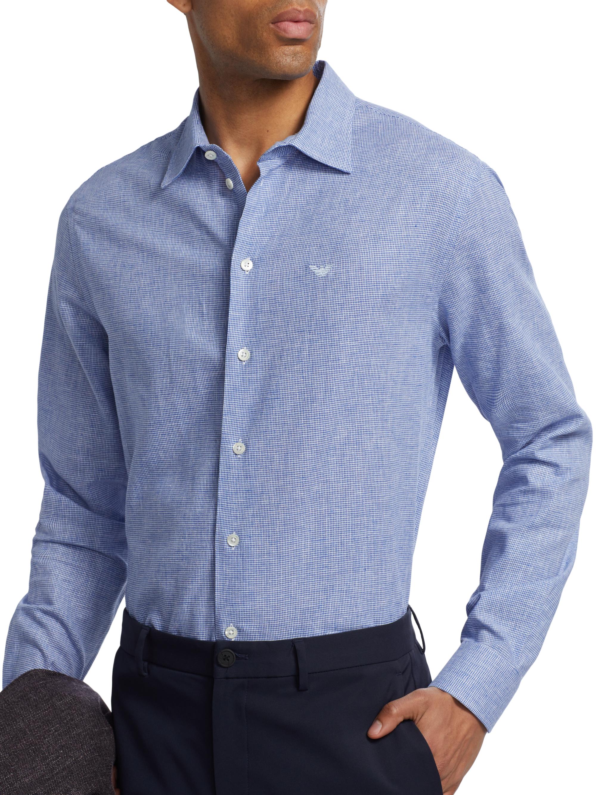 Emporio Armani Men's Linen-Cotton Houndstooth Shirt - Royal Blue | Thumbnail 6