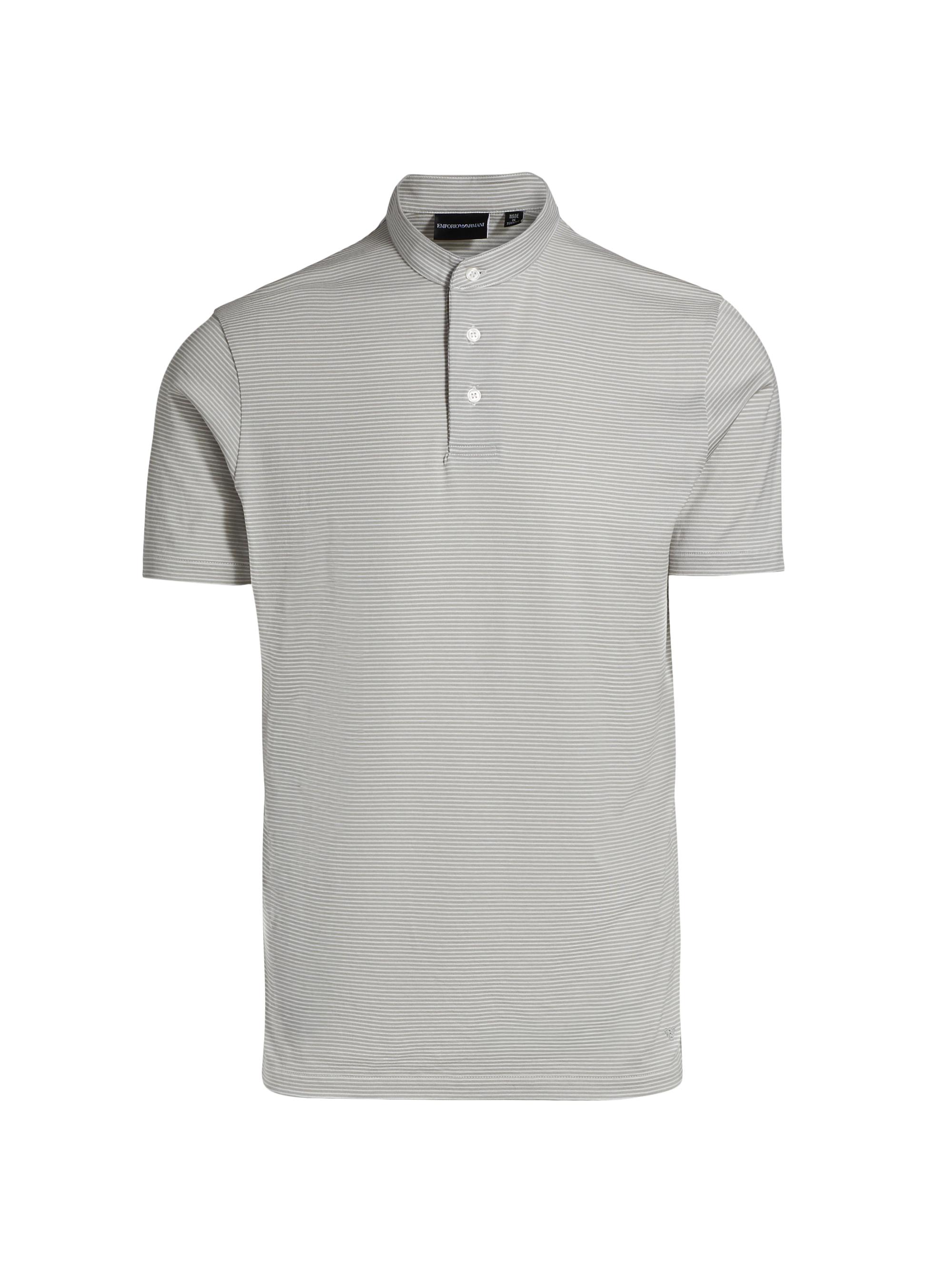 Emporio Armani Nehru Striped Cotton Jersey Band-Collar Polo Shirt